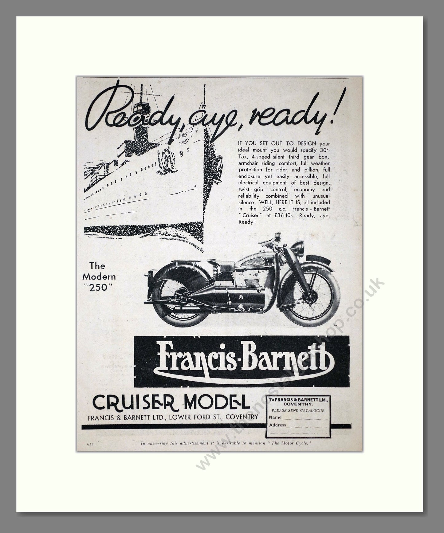 Francis-Barnett - Cruiser. Vintage Advert 1934 (ref AD67119)