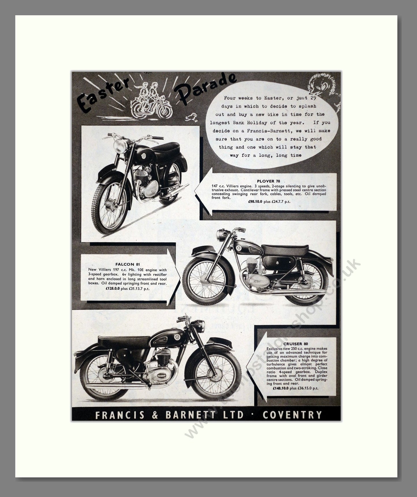 Francis-Barnett - Plover / Cruiser / Falcon. Vintage Advert 1958 (ref AD67125)