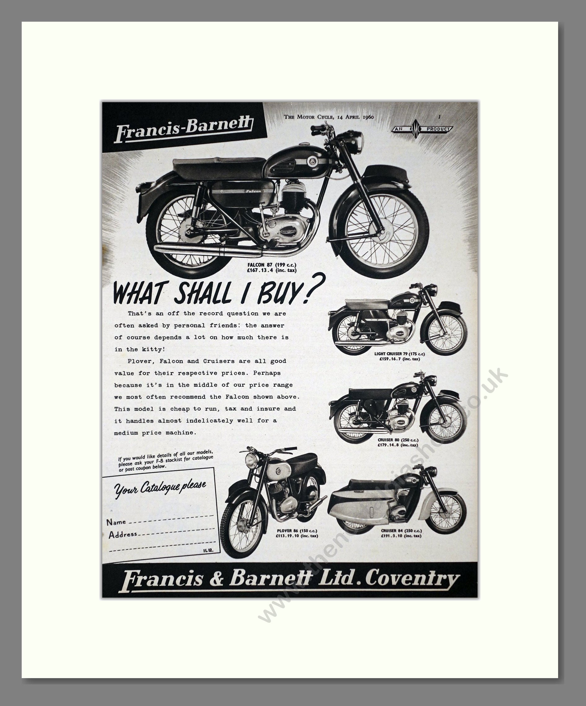 Francis-Barnett - Plover / Cruiser / Falcon. Vintage Advert 1960 (ref AD67126)