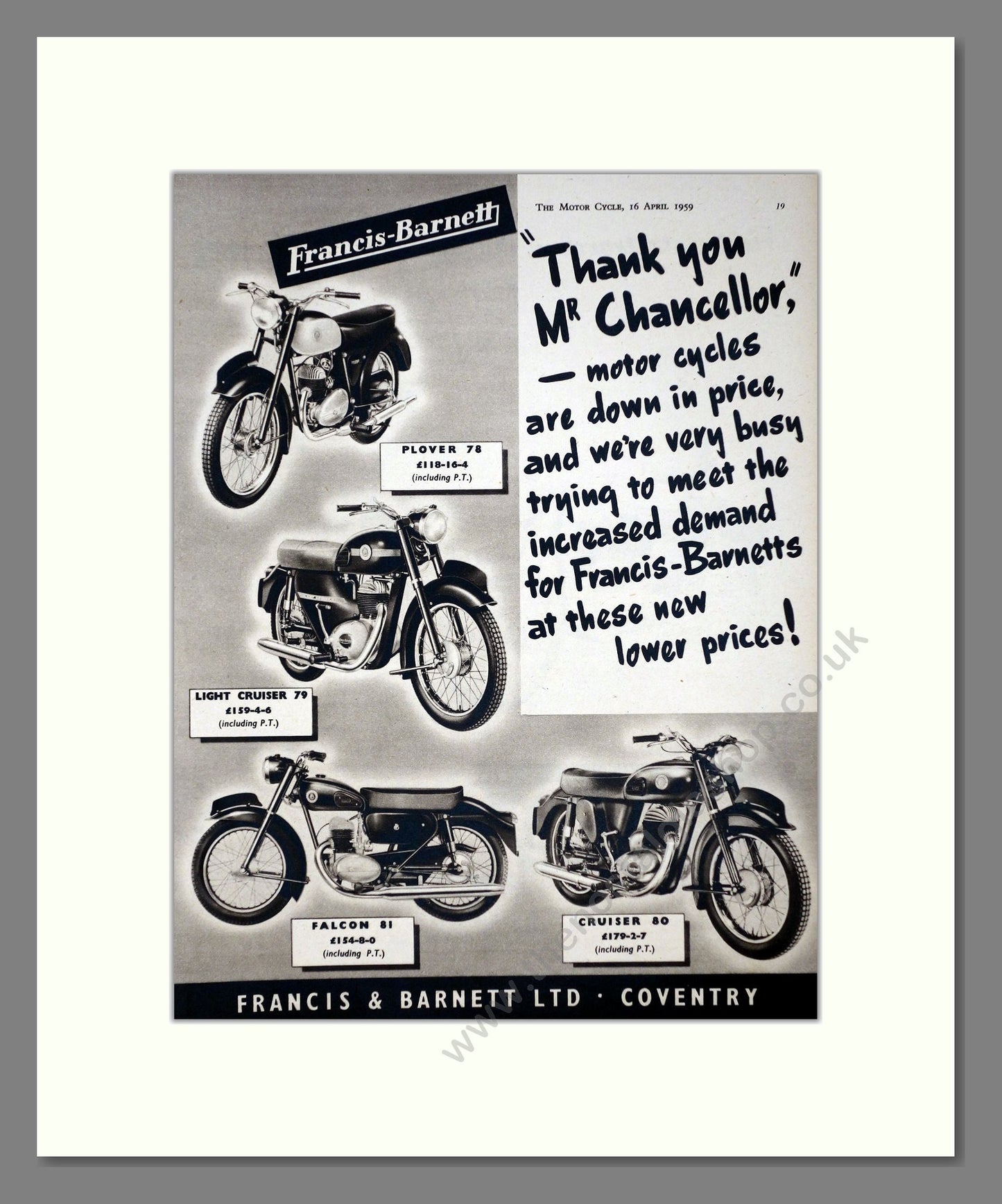 Francis-Barnett - Plover / Cruiser / Falcon. Vintage Advert 1959 (ref AD67129)