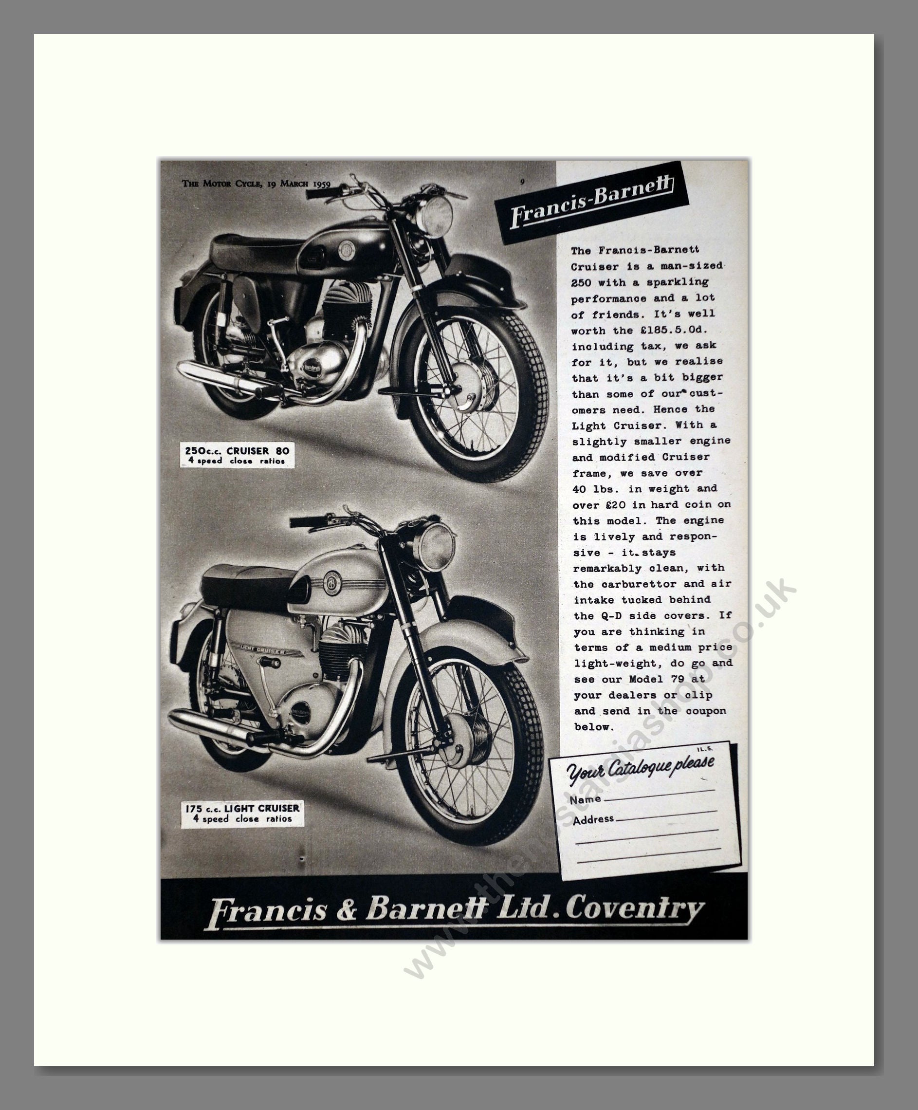 Francis-Barnett - Cruiser 80 / Light Cruiser. Vintage Advert 1959 (ref AD67137)