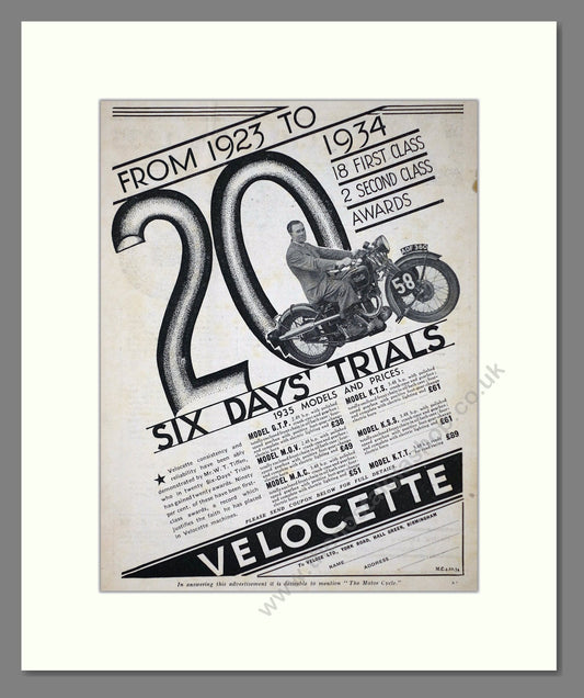 Velocette - Six Day Trials Winners. Vintage Advert 1934 (ref AD67140)