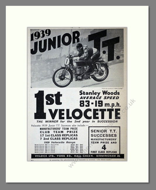 Velocette - Junior TT Winner Stanley Woods. Vintage Advert 1939 (ref AD67141)