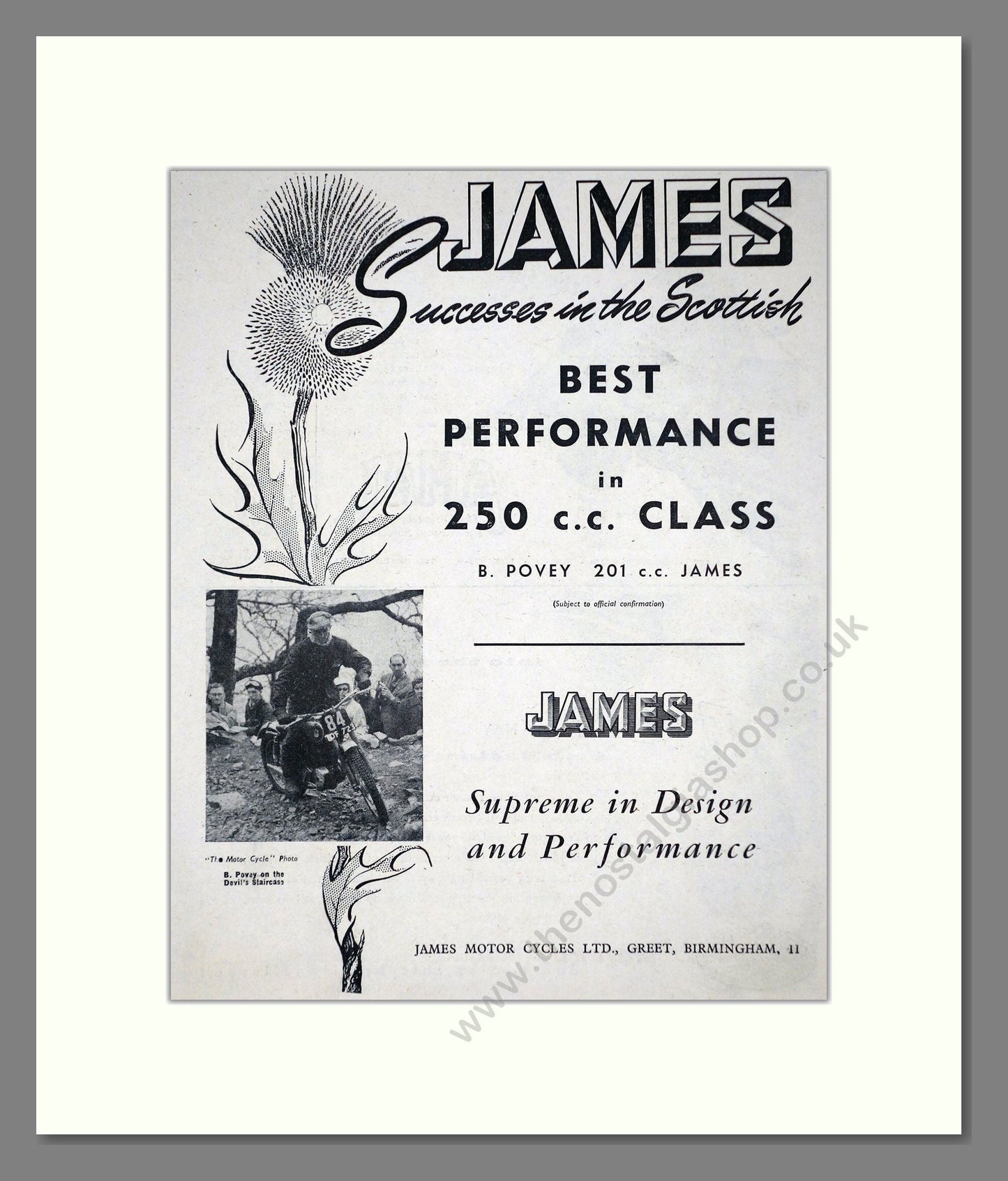 James - 201cc Scottish Trials Success. Vintage Advert 1956 (ref AD67156)