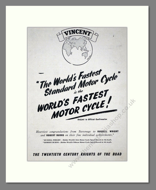 Vincent - World's Fastest Standard Motor Cycle. Vintage Advert 1955 (ref AD67160)