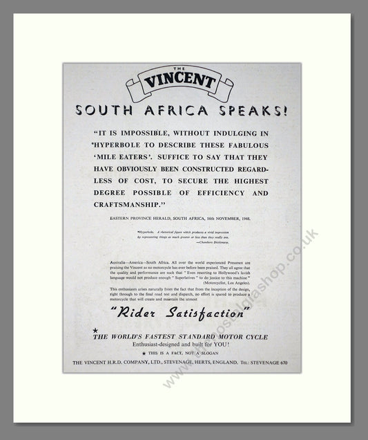 Vincent - South Africa Speaks!. Vintage Advert 1950 (ref AD67162)