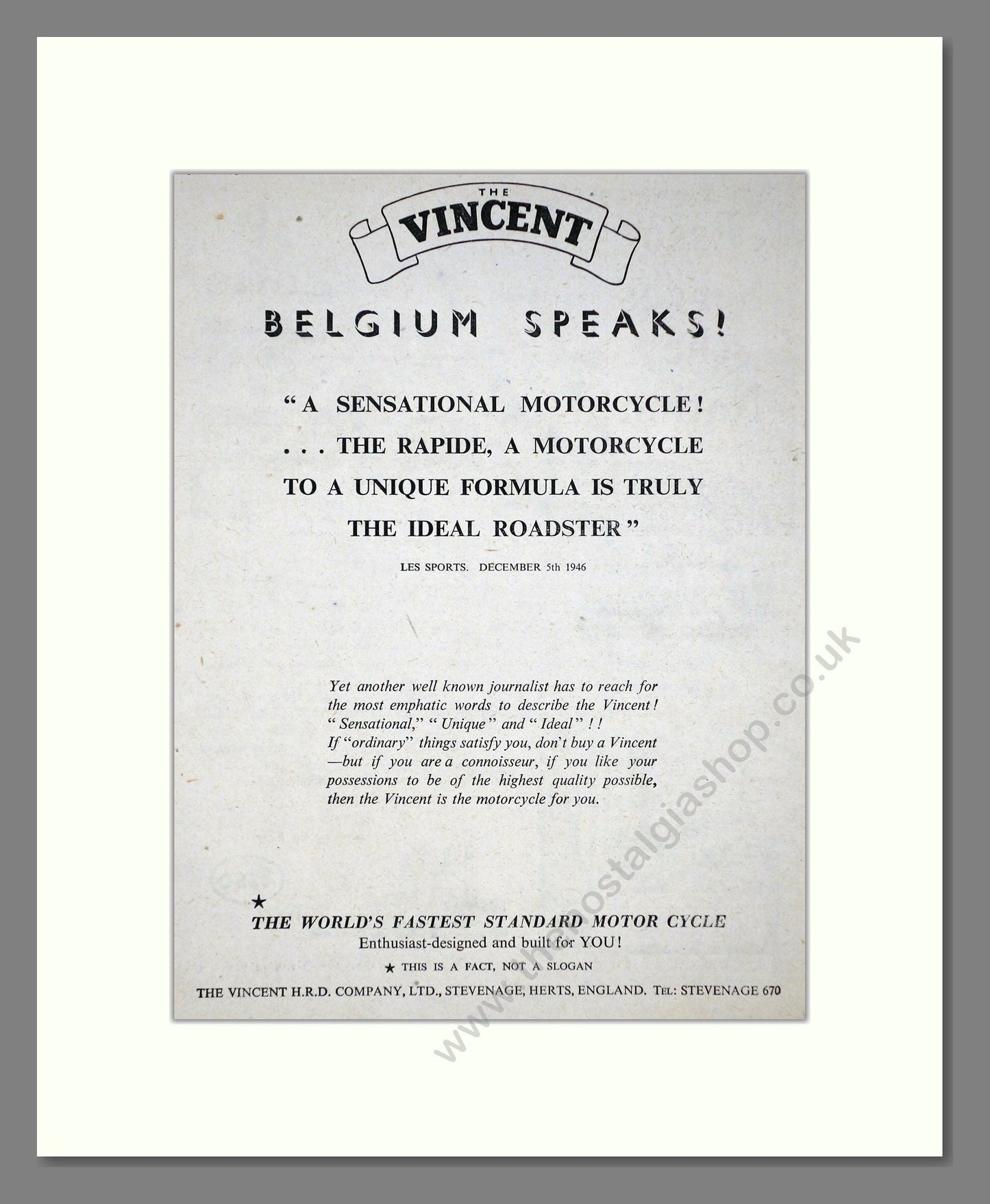 Vincent - Belgium Speaks!. Vintage Advert 1950 (ref AD67163)