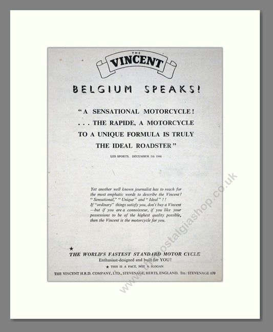 Vincent - Belgium Speaks!. Vintage Advert 1950 (ref AD67163)