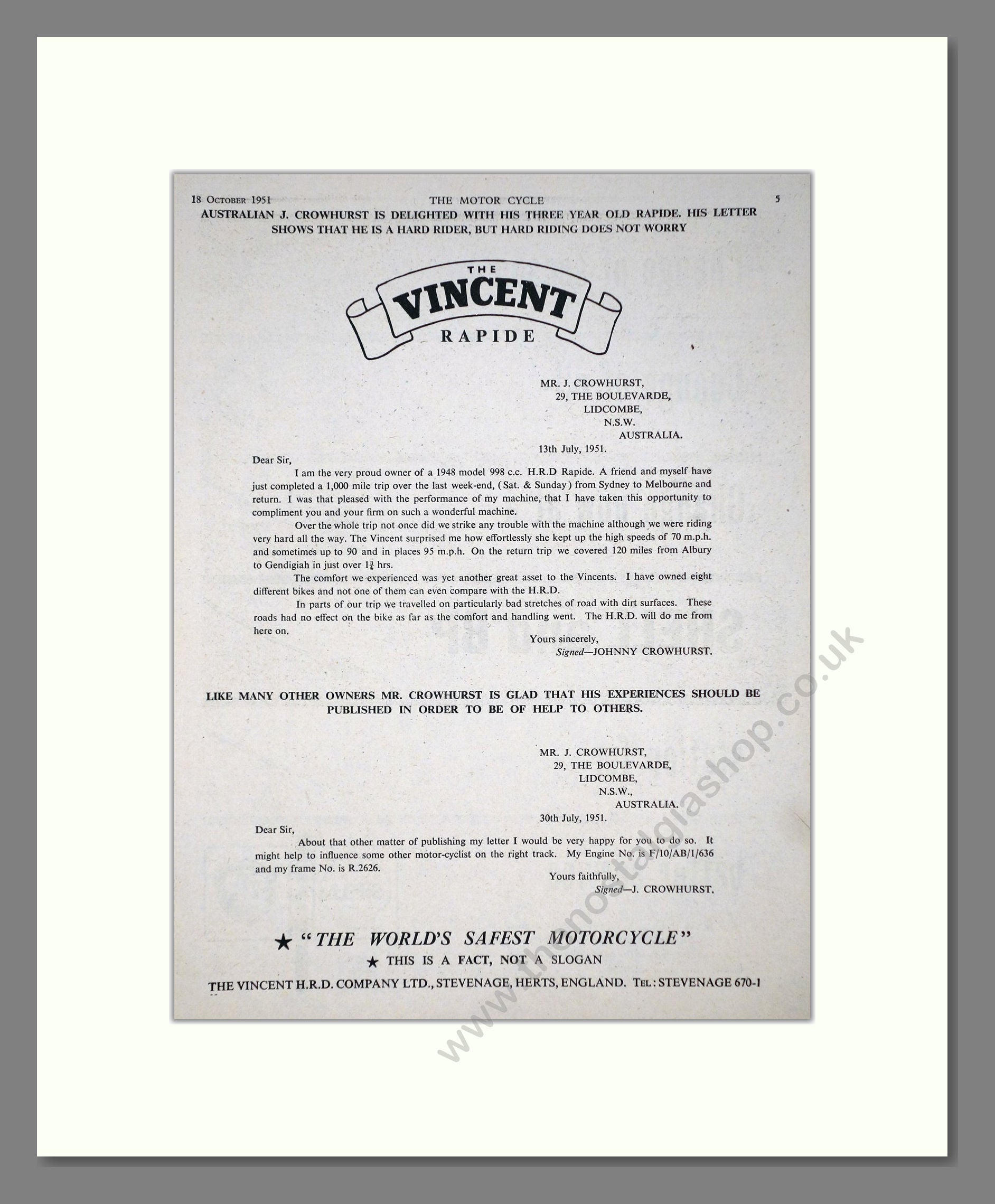 Vincent - Rapide. Vintage Advert 1951 (ref AD67165)