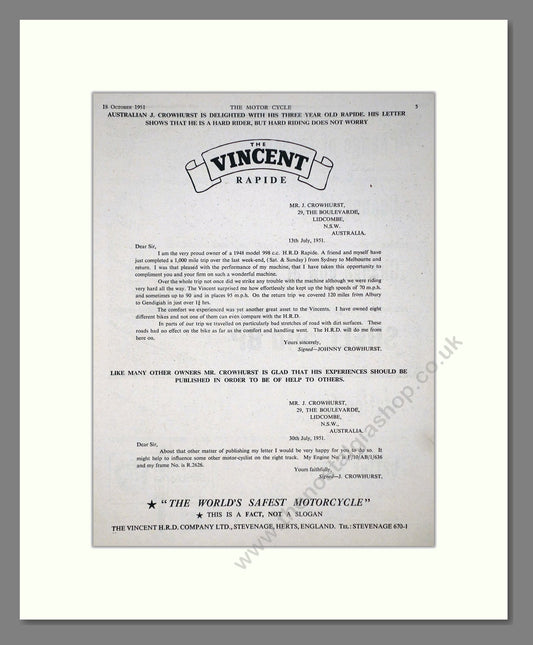 Vincent - Rapide. Vintage Advert 1951 (ref AD67165)