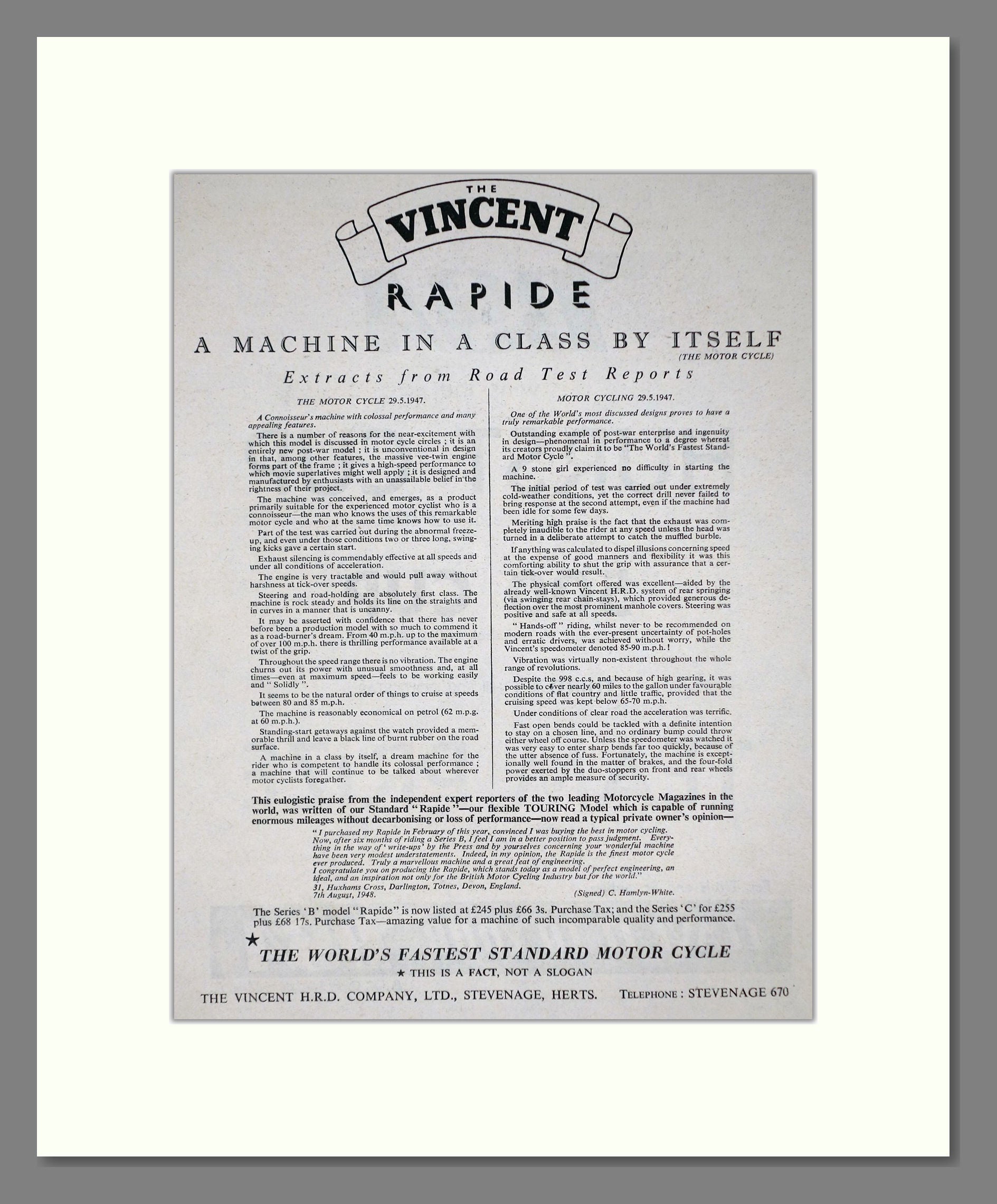 Vincent - Rapide. Vintage Advert 1950 (ref AD67166)