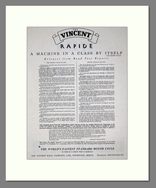 Vincent - Rapide. Vintage Advert 1950 (ref AD67166)