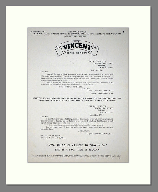 Vincent - Black Shadow. Vintage Advert 1951 (ref AD67167)