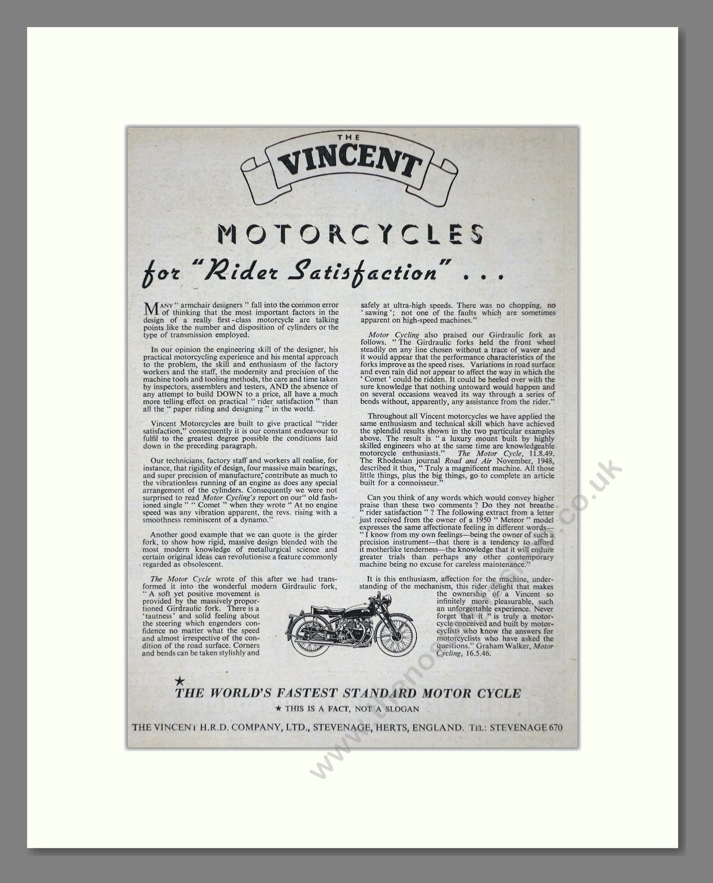 Vincent - Rider Satisfaction. Vintage Advert 1950 (ref AD67168)