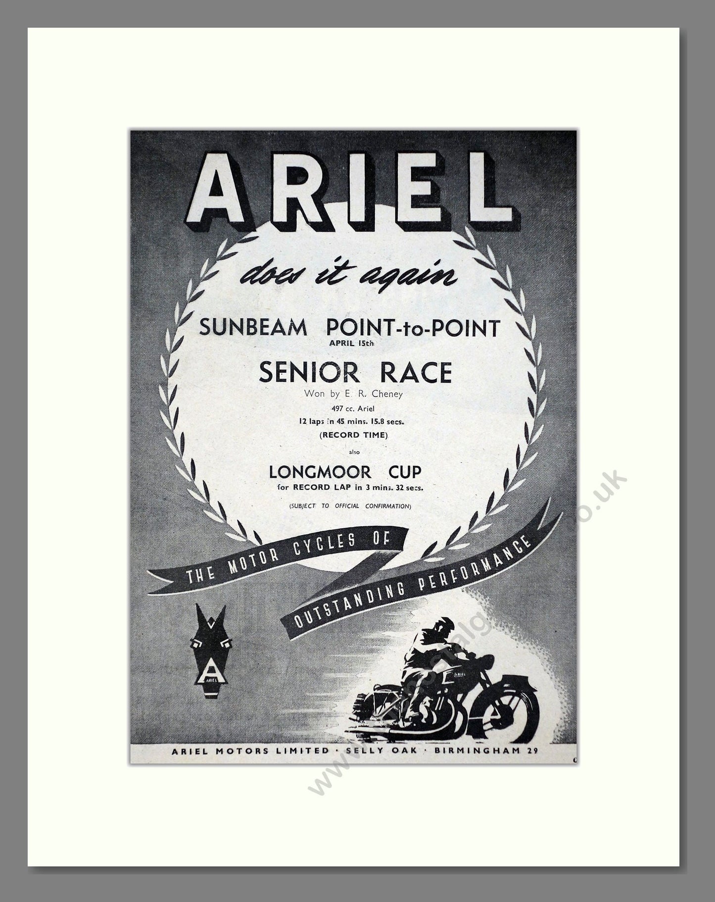 Ariel - Sunbeam Point To Point Winner. Vintage Advert 1950 (ref AD67182)