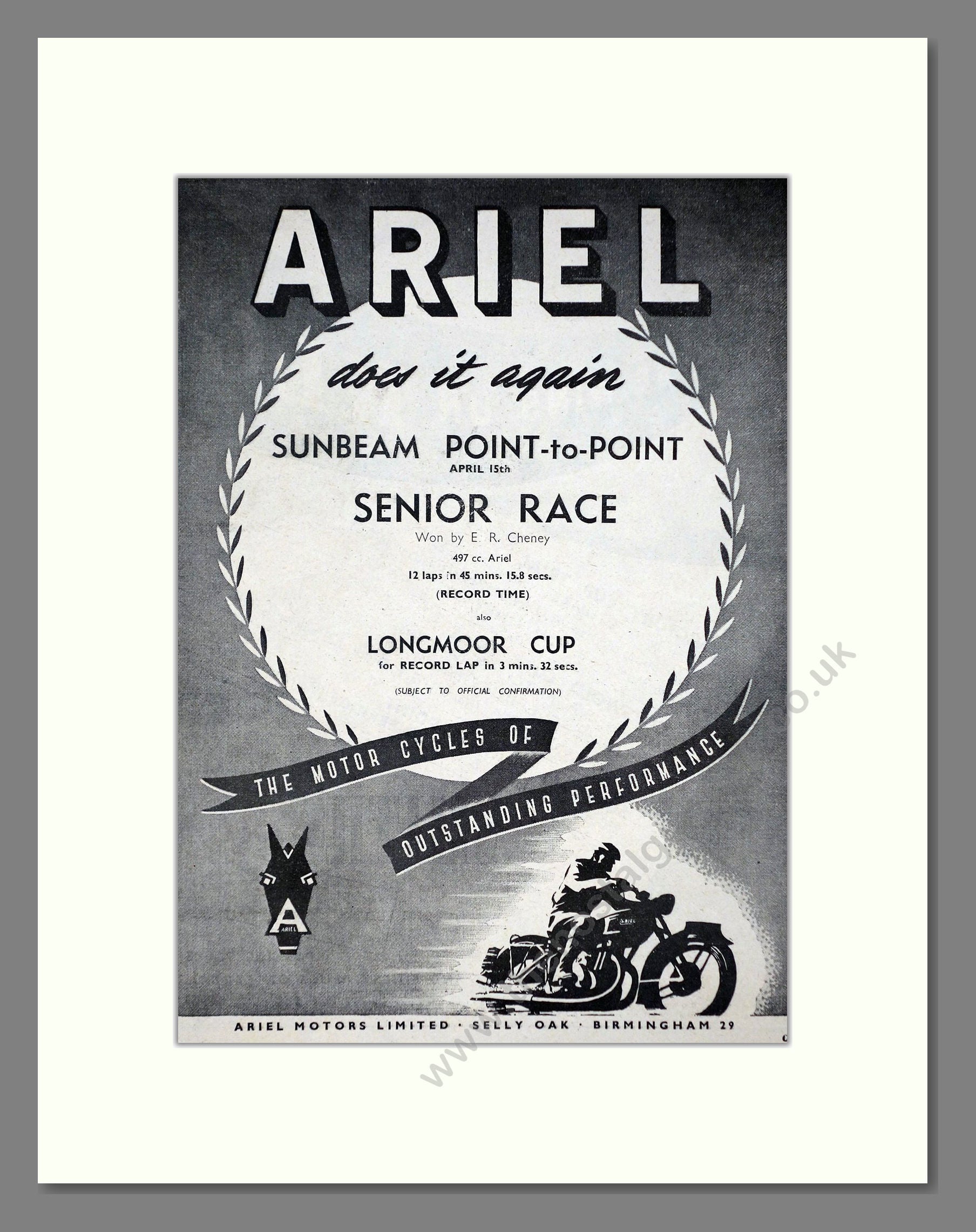 Ariel - Sunbeam Point To Point Winner. Vintage Advert 1950 (ref AD67182)