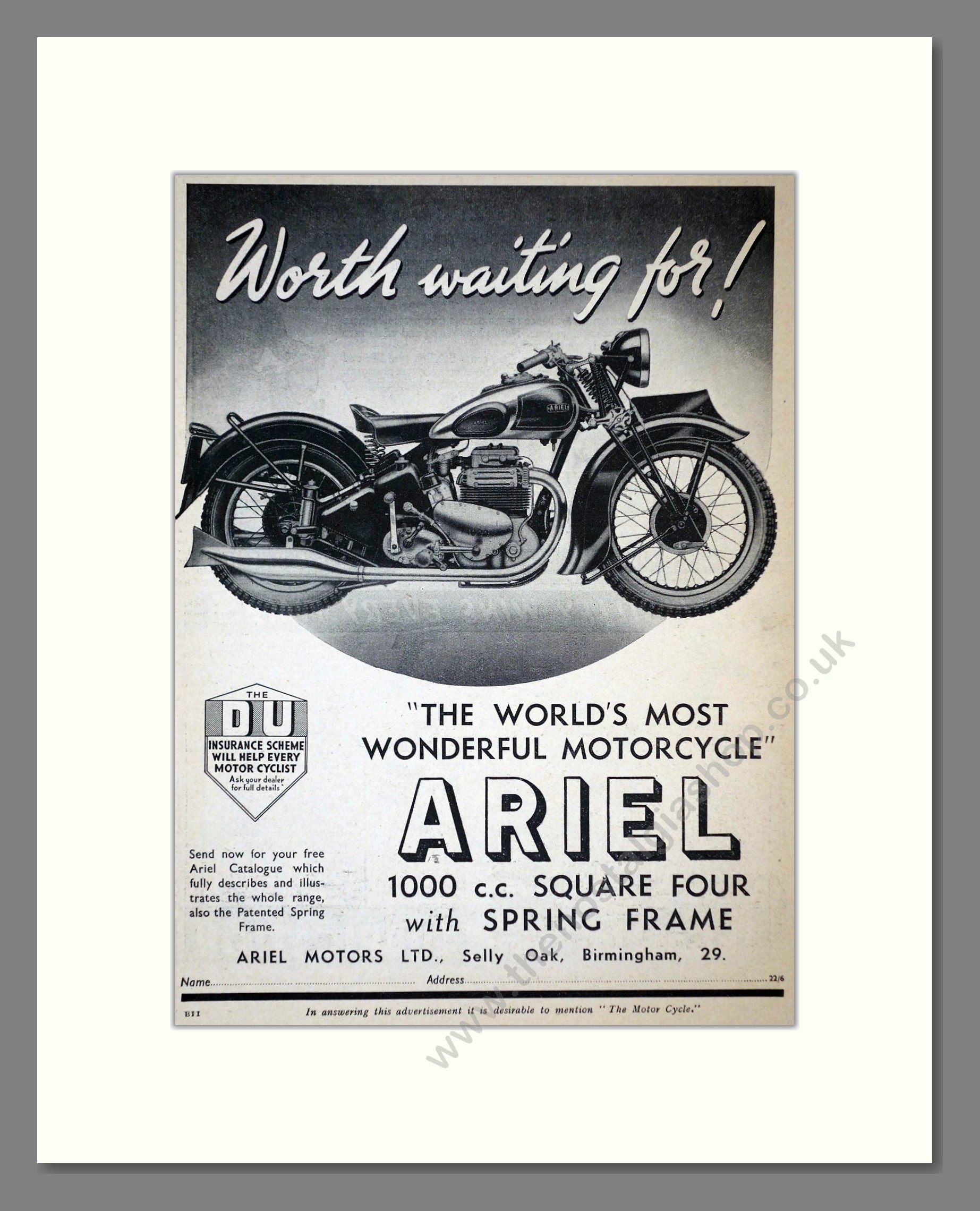 Ariel - 1000cc Square Four. Vintage Advert 1939 (ref AD67184)