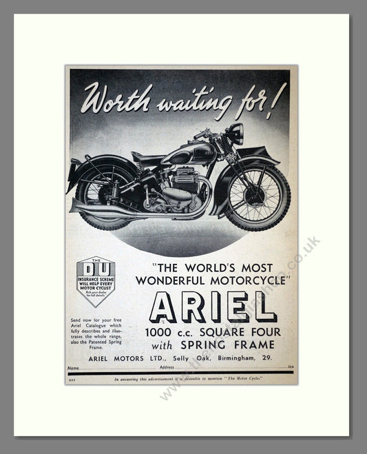 Ariel - 1000cc Square Four. Vintage Advert 1939 (ref AD67184)
