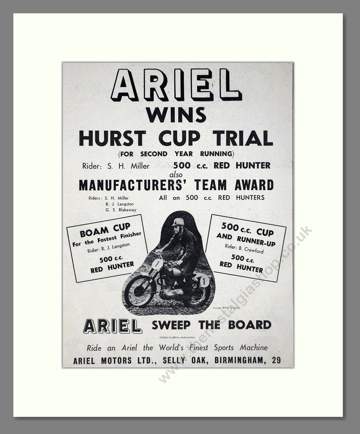 Ariel - Hurst Cup Winner. Vintage Advert 1958 (ref AD67185)
