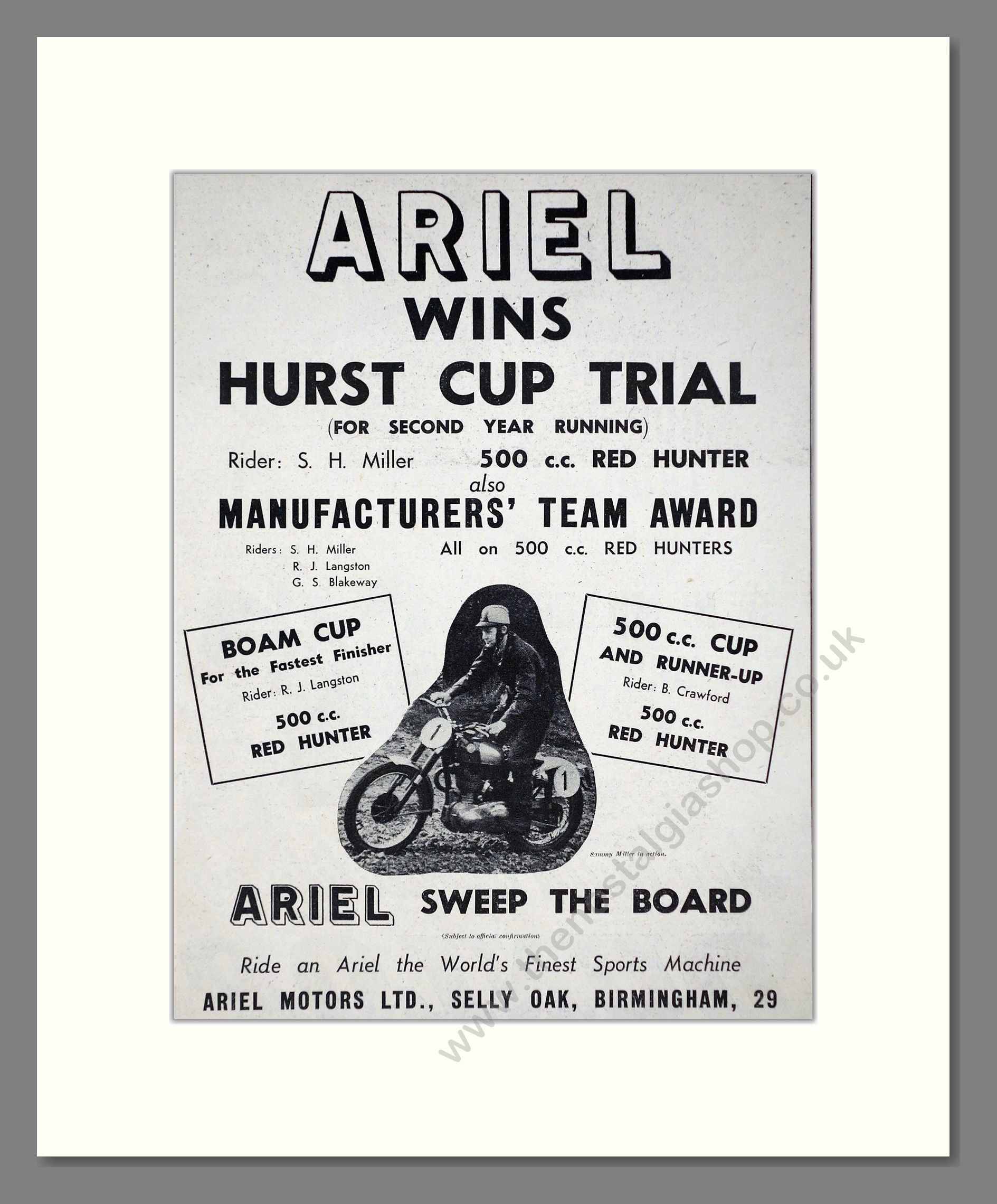 Ariel - Hurst Cup Winner. Vintage Advert 1958 (ref AD67185)