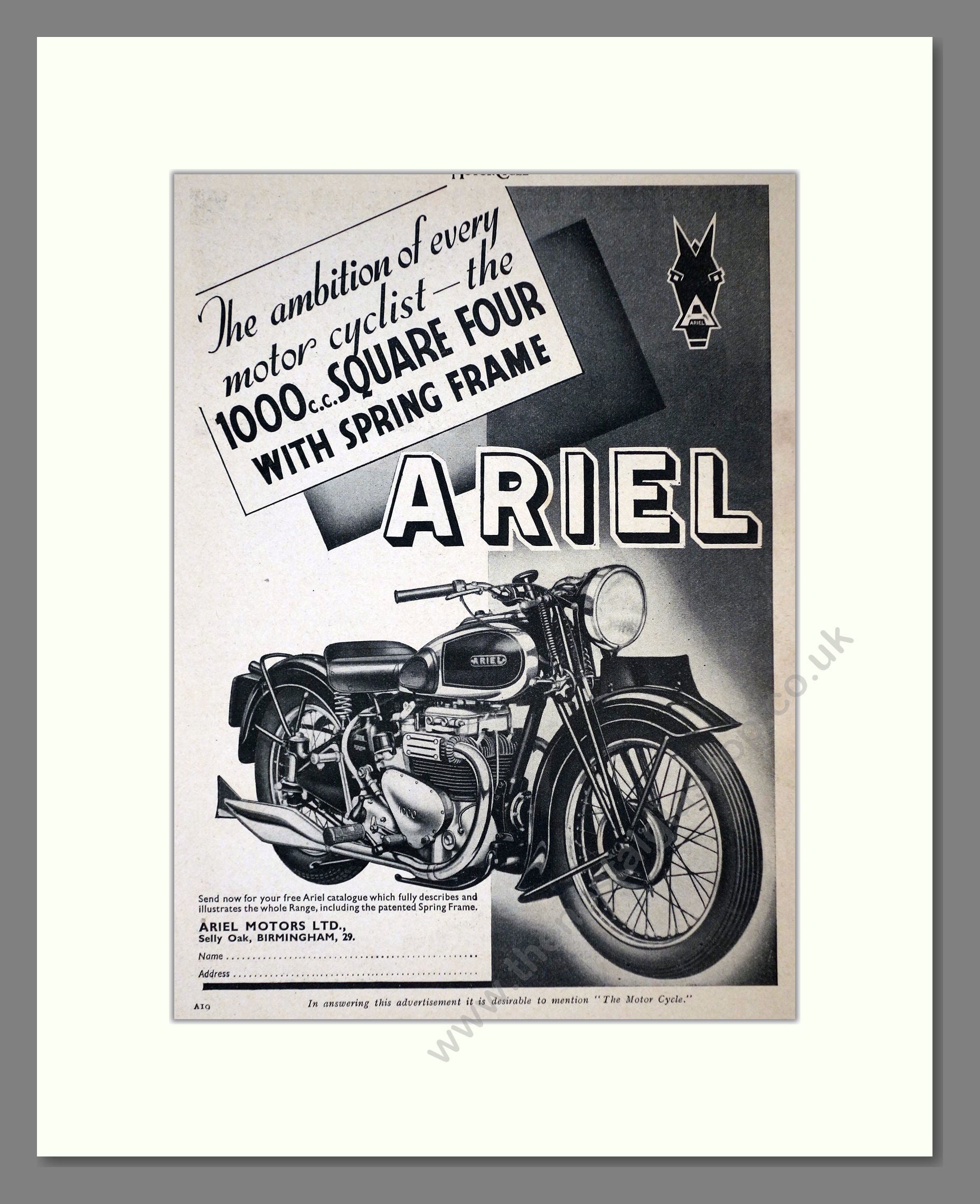 Ariel - 1000cc Square Four. Vintage Advert 1939 (ref AD67196)