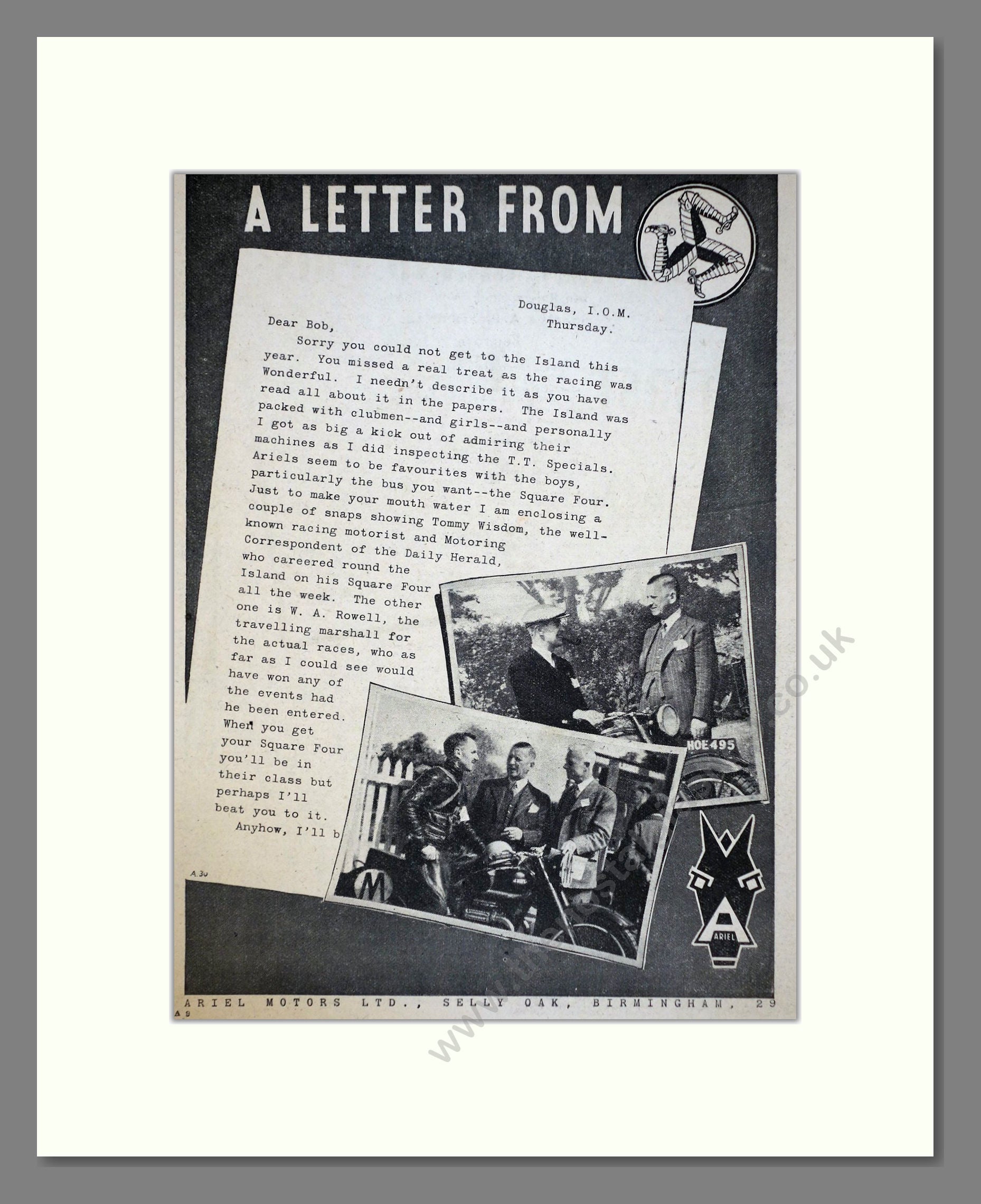 Ariel - A Letter From IoM. Vintage Advert 1947 (ref AD67198)