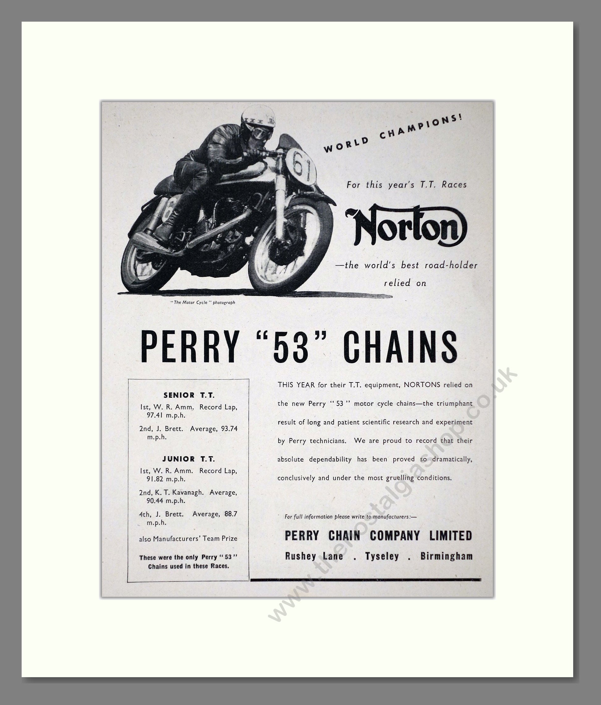 Norton - Perry 53 Chains. Vintage Advert 1953 (ref AD67208)