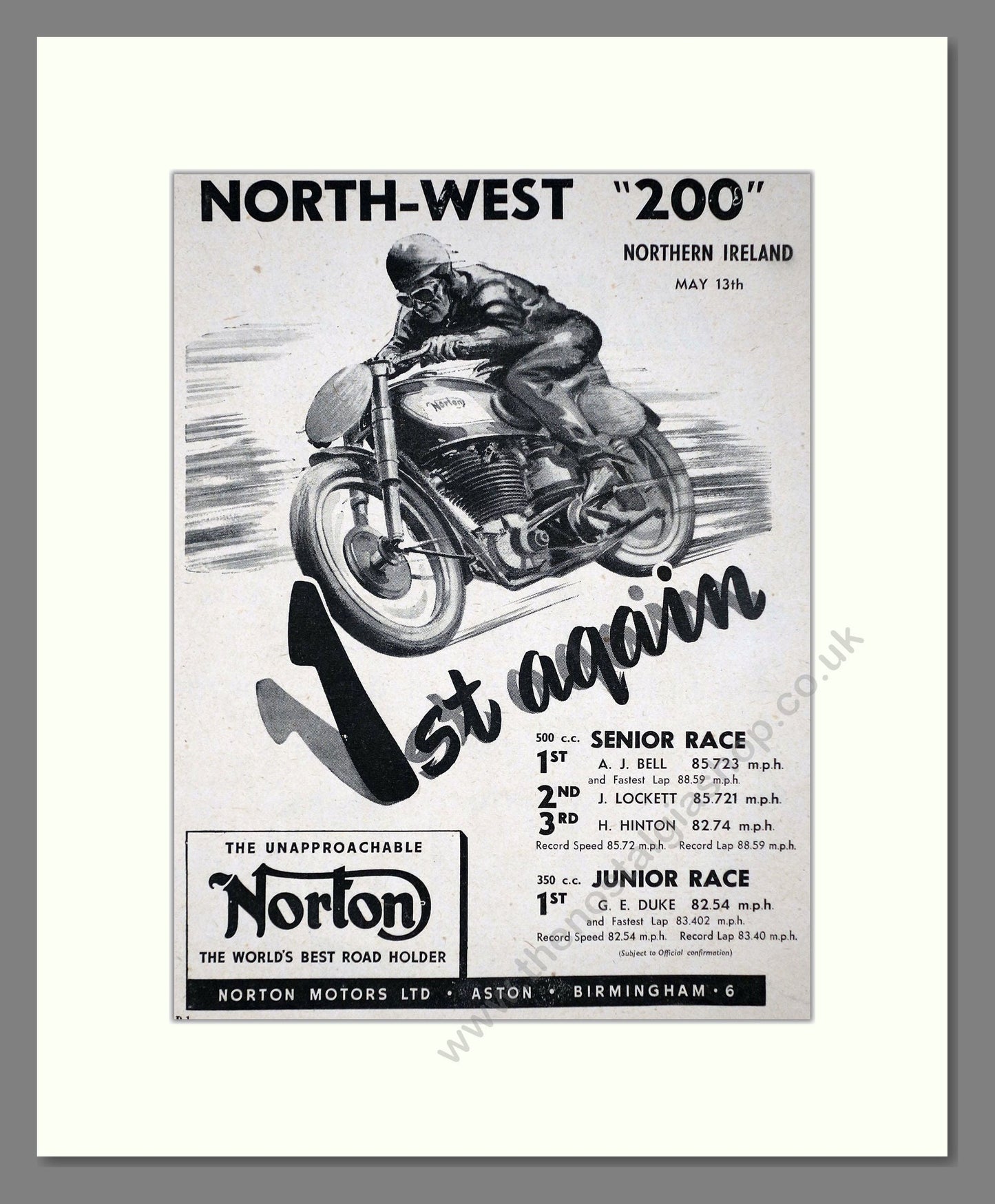 Norton - North West 200 Win. Vintage Advert 1950 (ref AD67234)