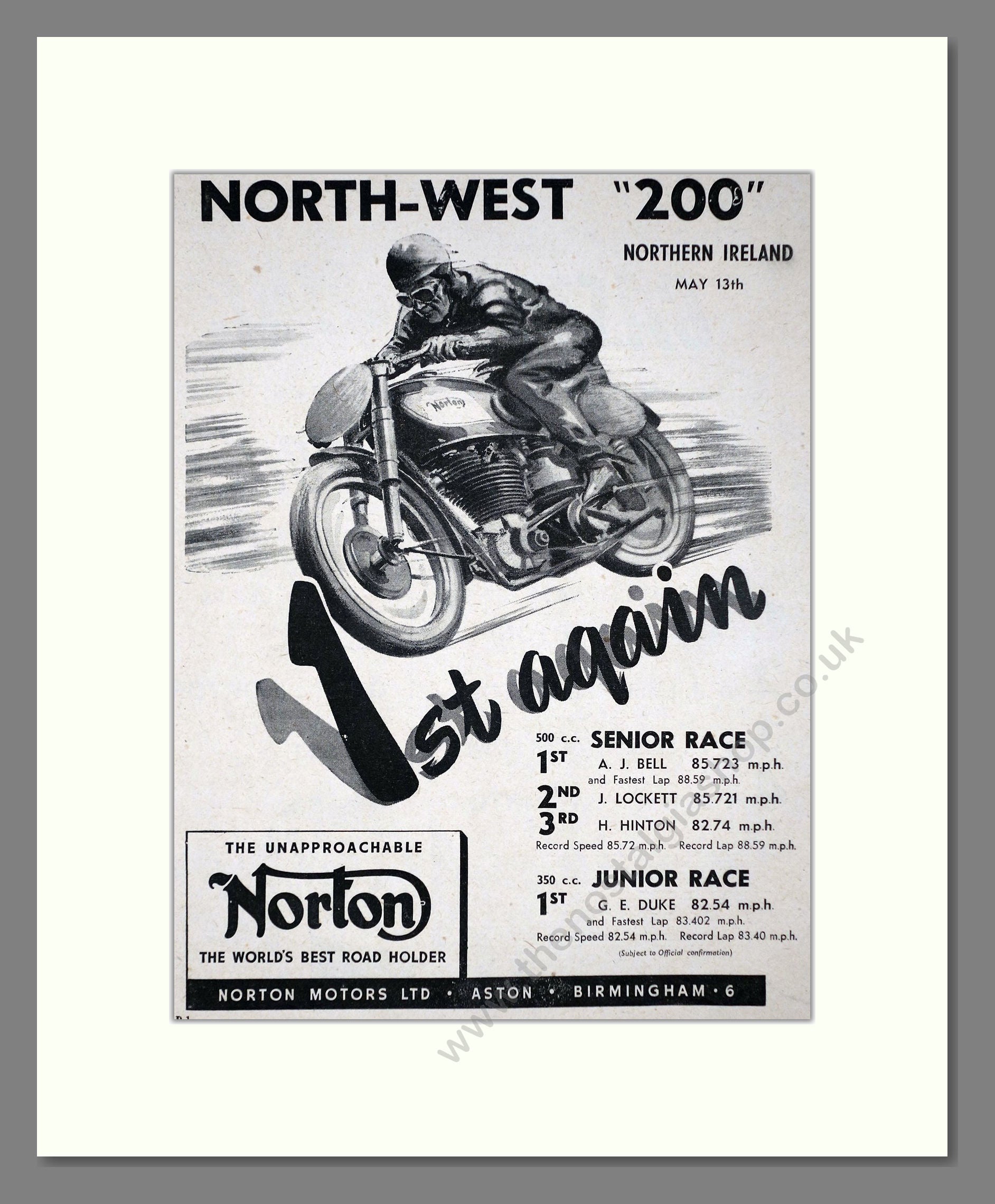 Norton - North West 200 Win. Vintage Advert 1950 (ref AD67234)