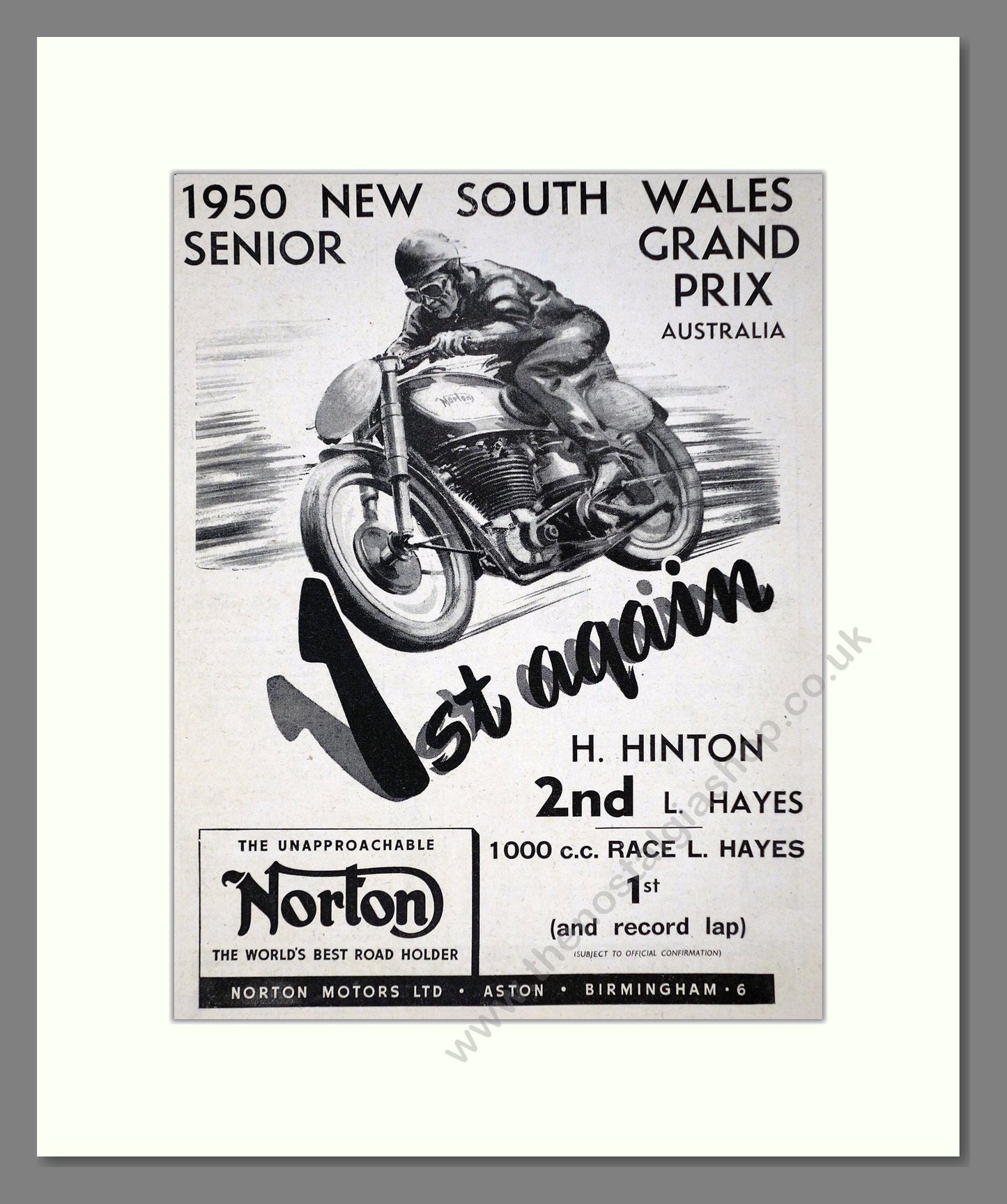 Norton - New South Wales GP Win. Vintage Advert 1950 (ref AD67235)