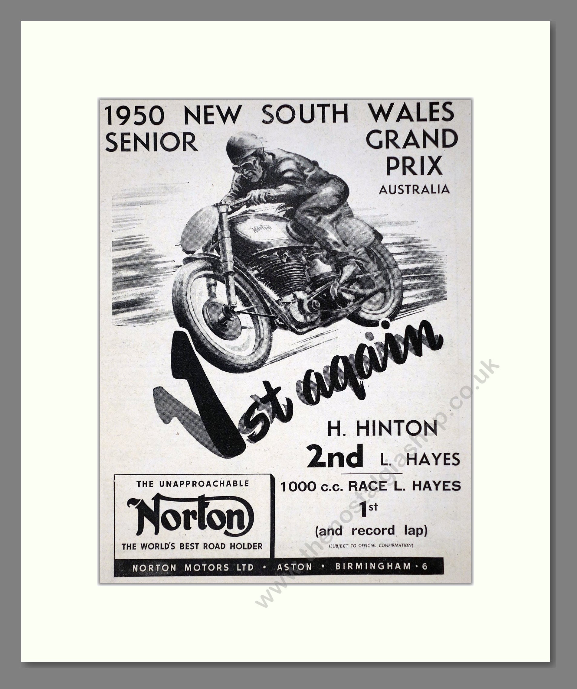 Norton - New South Wales GP Win. Vintage Advert 1950 (ref AD67235)