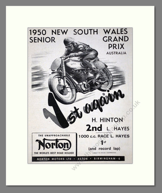 Norton - New South Wales GP Win. Vintage Advert 1950 (ref AD67235)