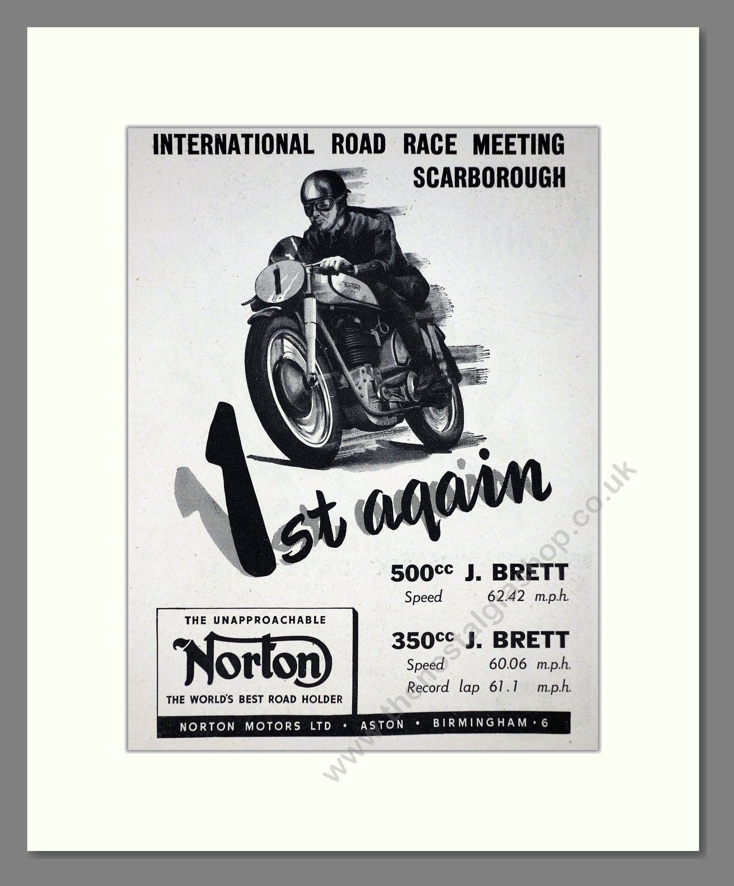 Norton - Scarborough Road Race Win. Vintage Advert 1951 (ref AD67236)