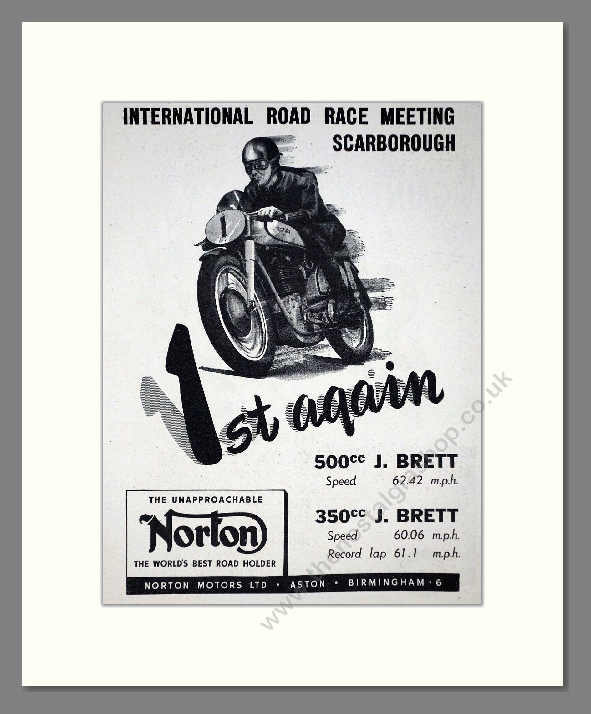 Norton - Scarborough Road Race Win. Vintage Advert 1951 (ref AD67236)