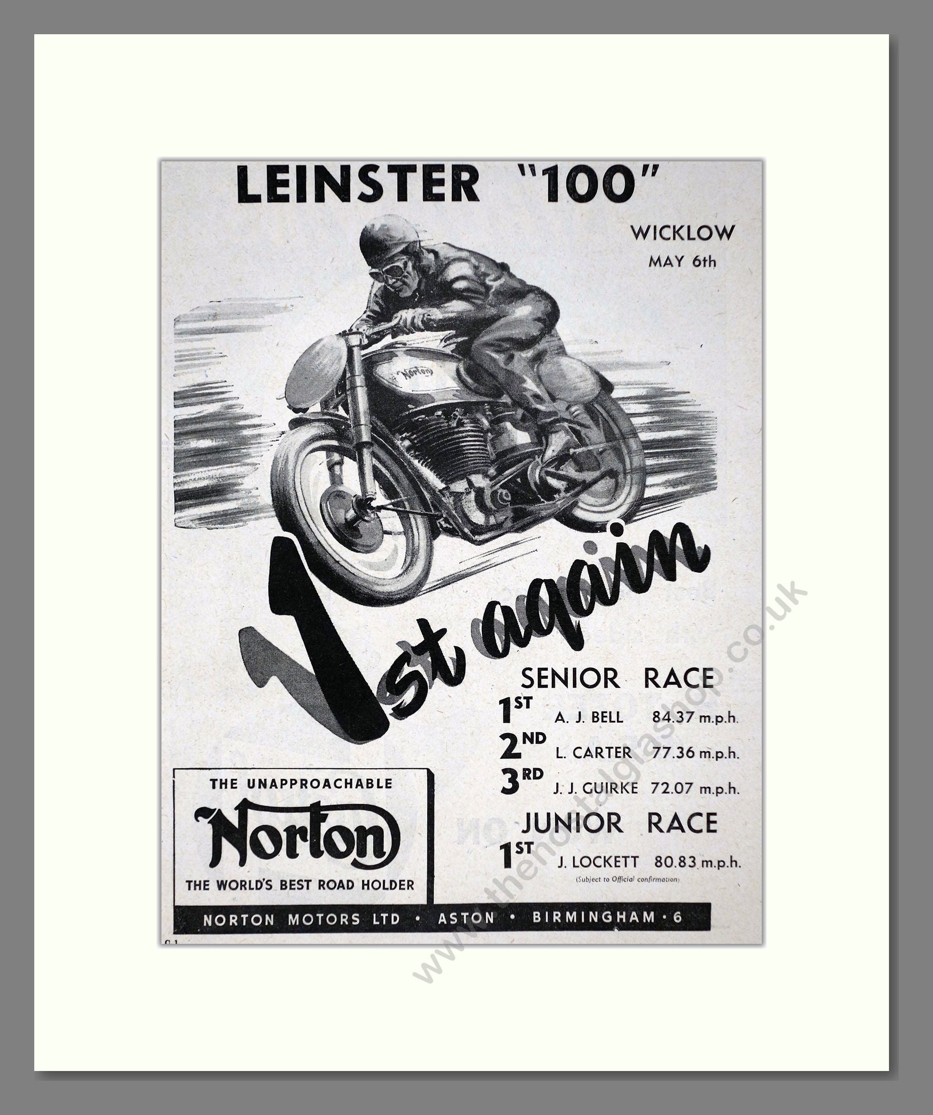 Norton - Leinster 100 Win. Vintage Advert 1950 (ref AD67238)