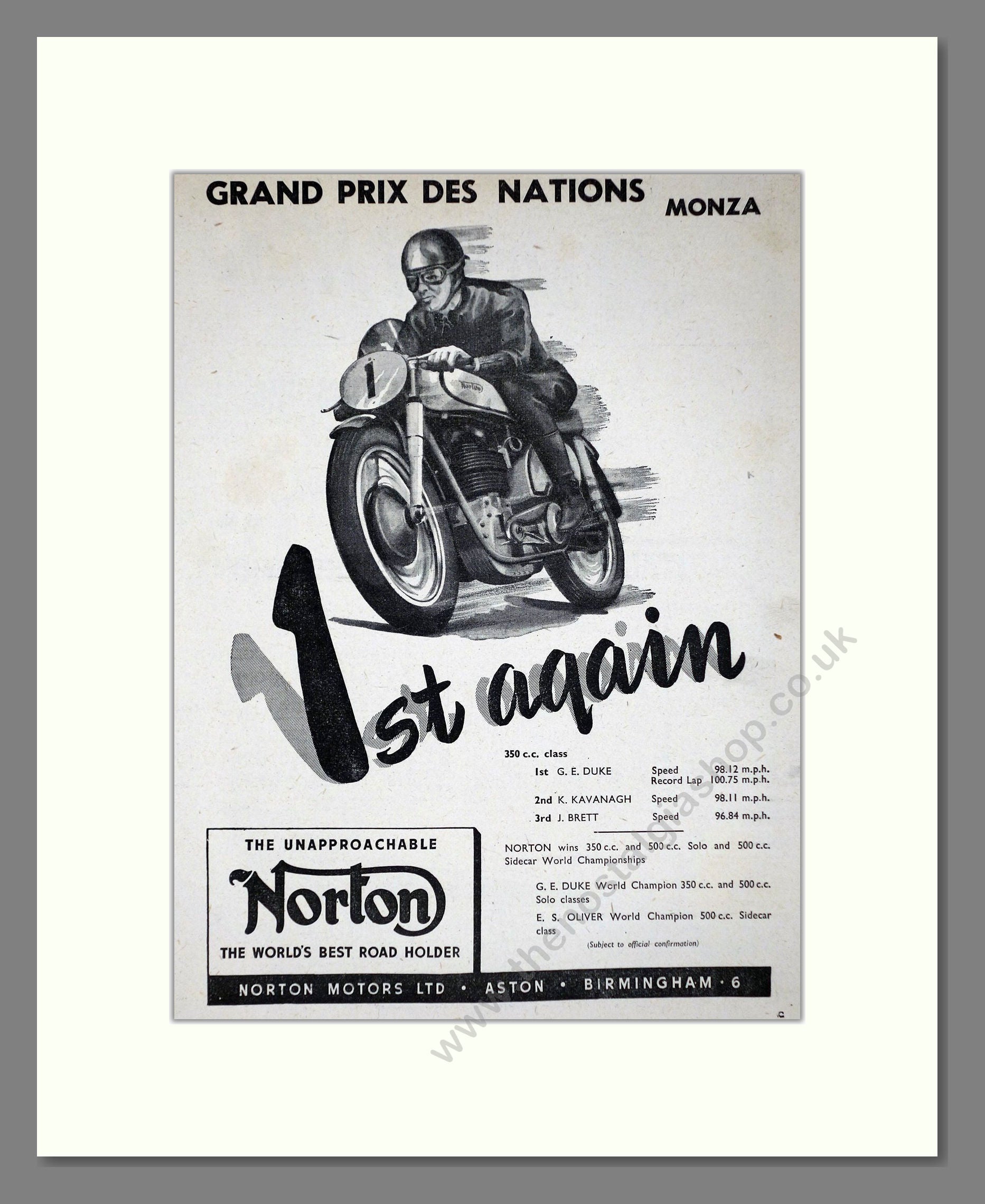 Norton - Monza GP Win. Vintage Advert 1951 (ref AD67239)