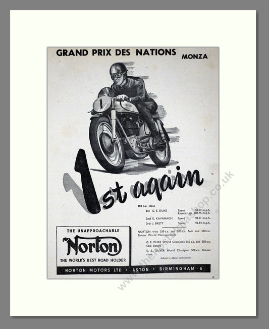 Norton - Monza GP Win. Vintage Advert 1951 (ref AD67239)