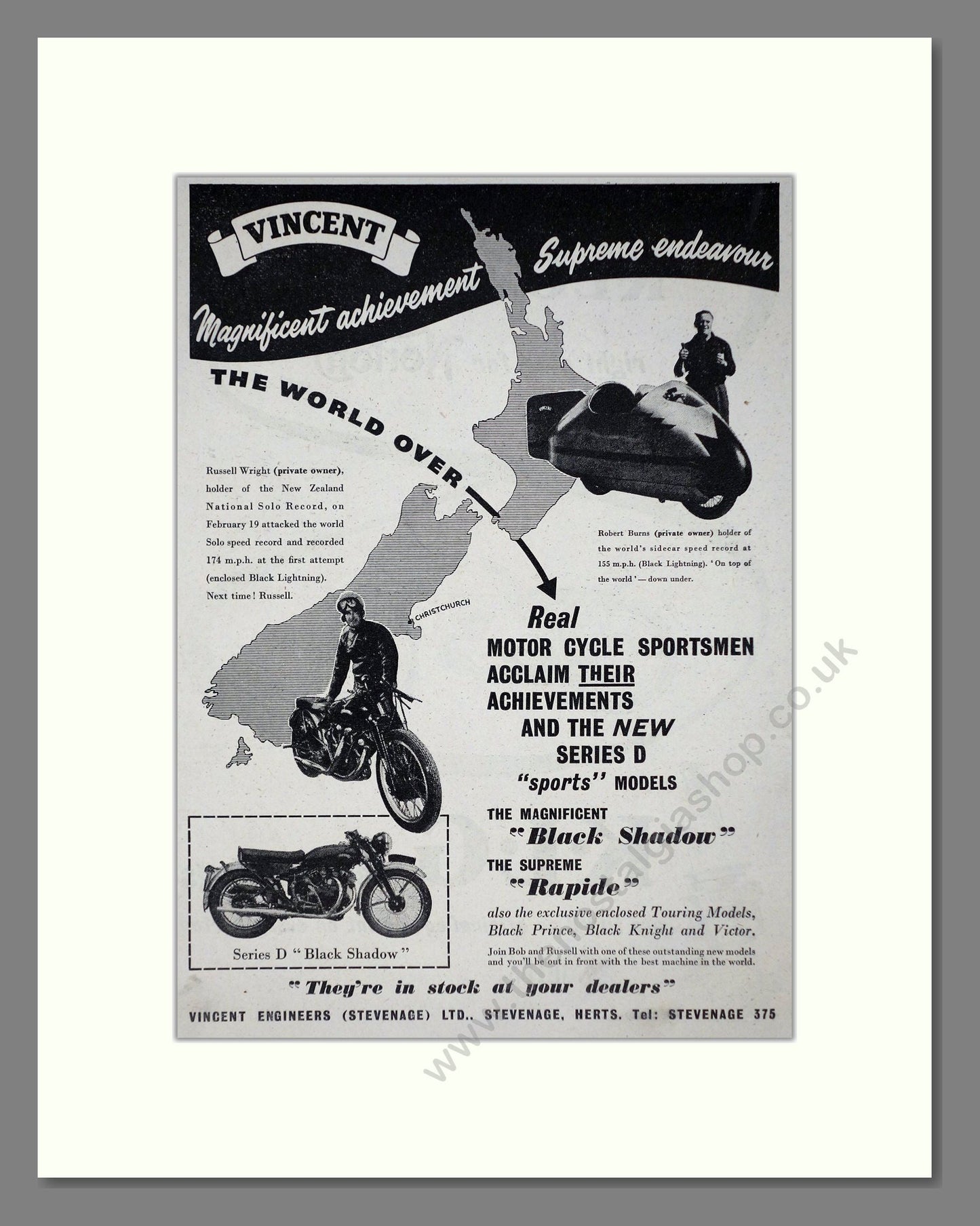 Vincent - Series D / Black Shadow / Rapide. Vintage Advert 1955 (ref AD67243)