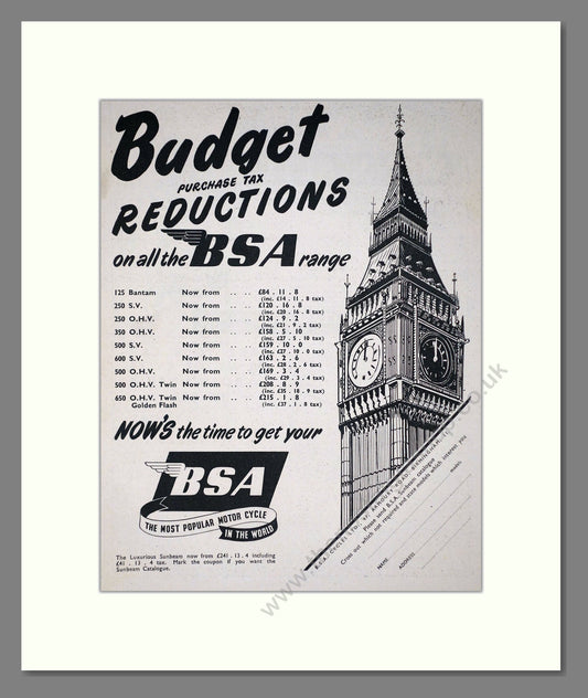 BSA - Range Reductions. Vintage Advert 1953 (ref AD67249)