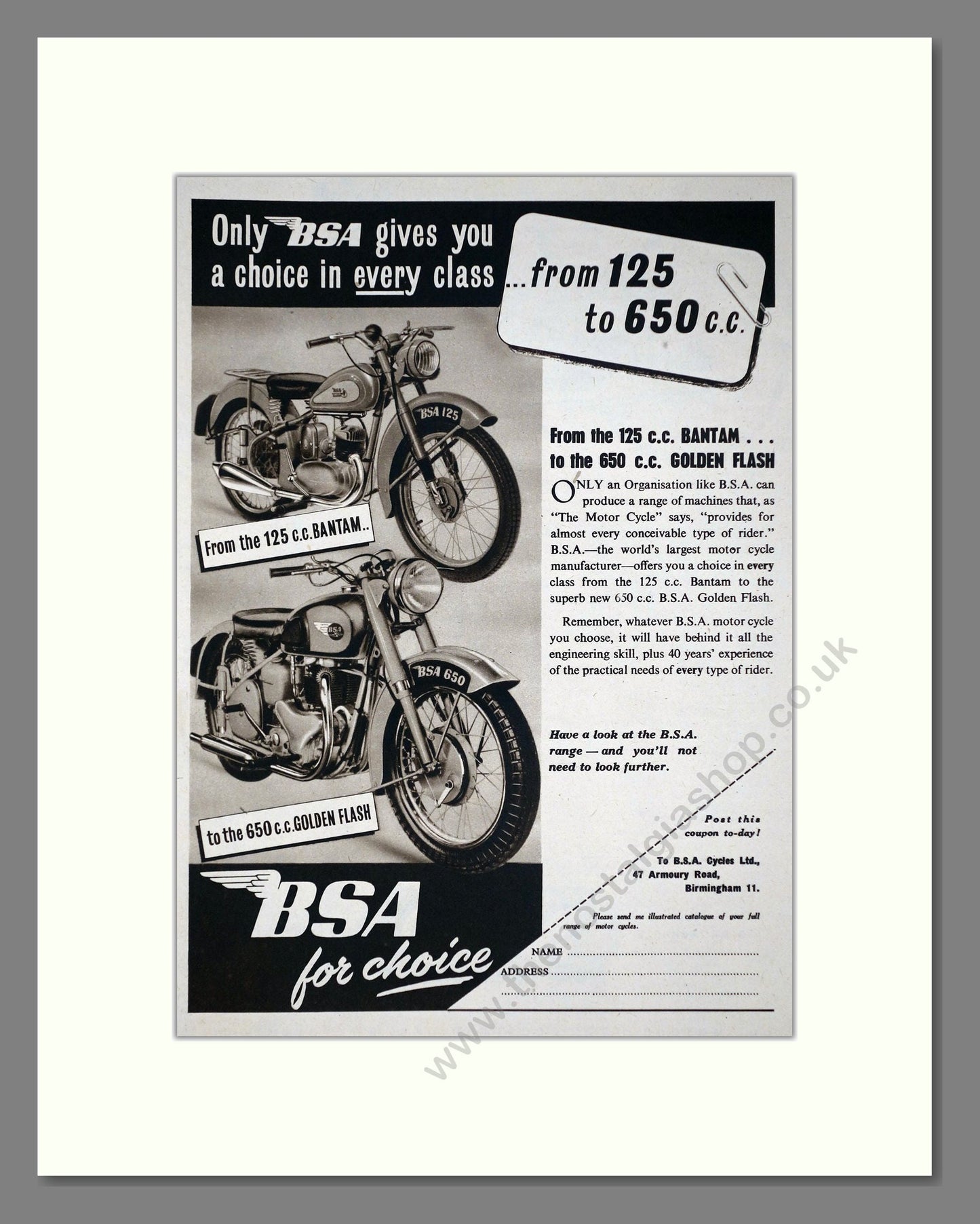 BSA - Bantam / Golden Flash. Vintage Advert 1950 (ref AD67250)