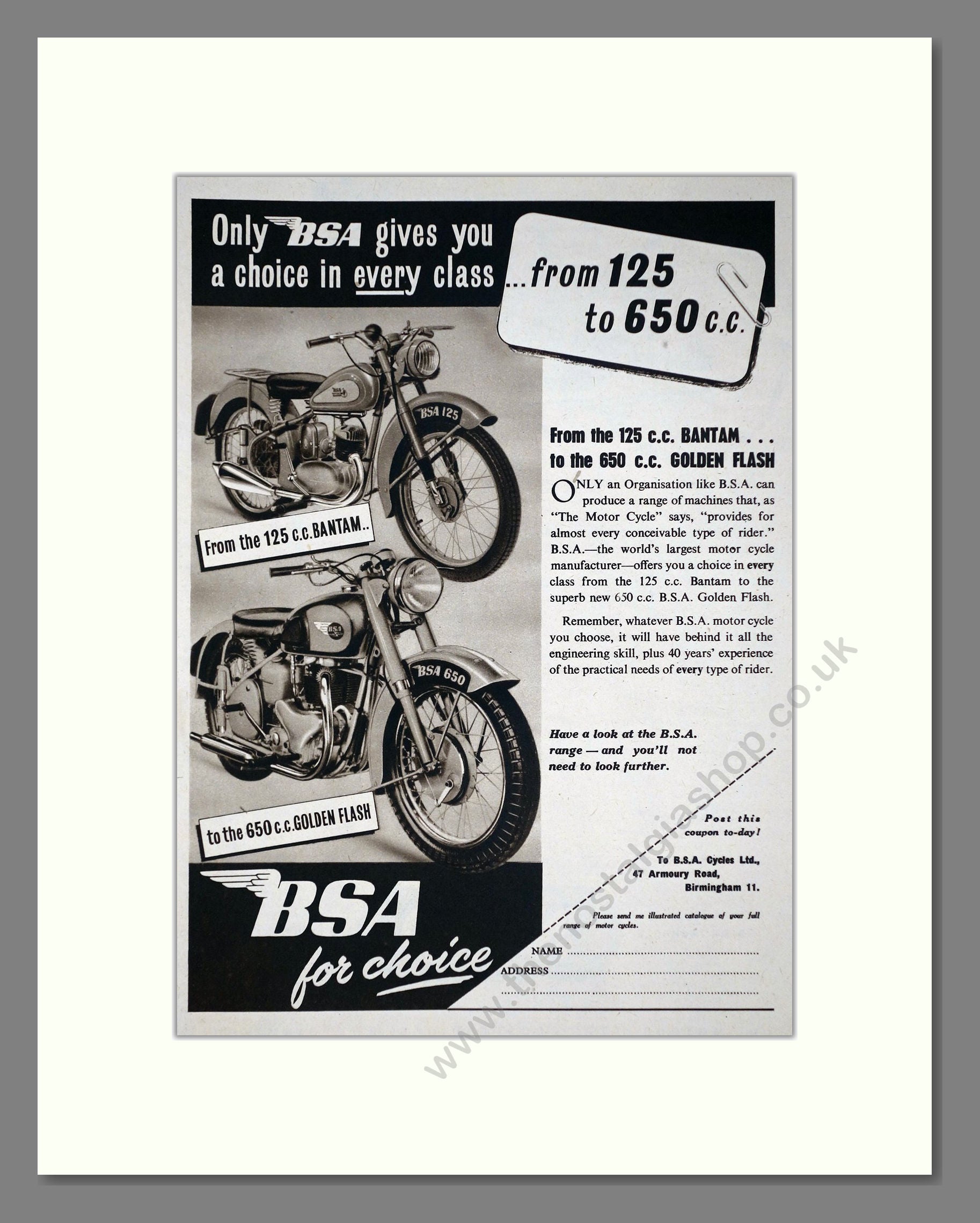 BSA - Bantam / Golden Flash. Vintage Advert 1950 (ref AD67250)