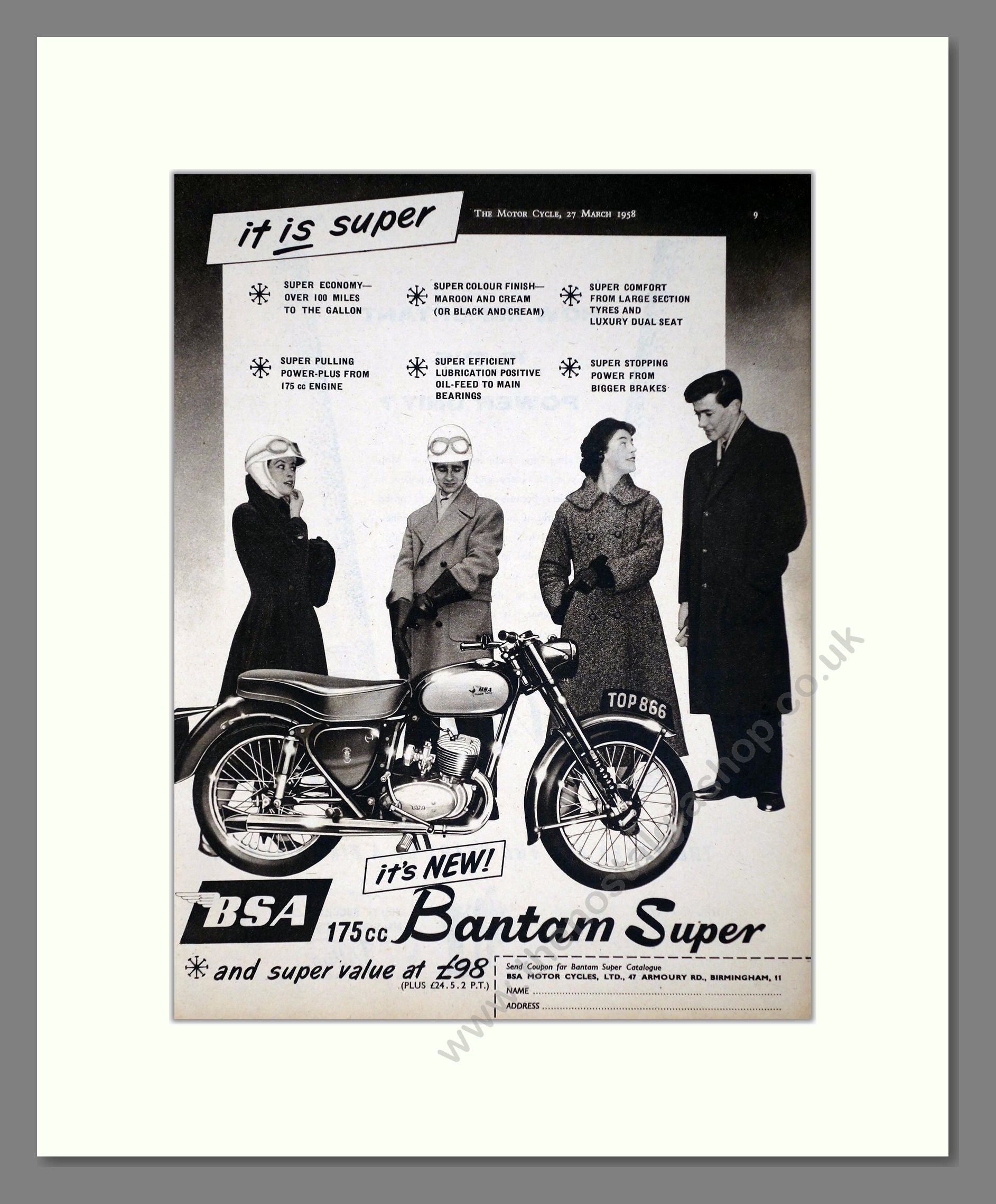 BSA - Bantam Super. Vintage Advert 1958 (ref AD67253)
