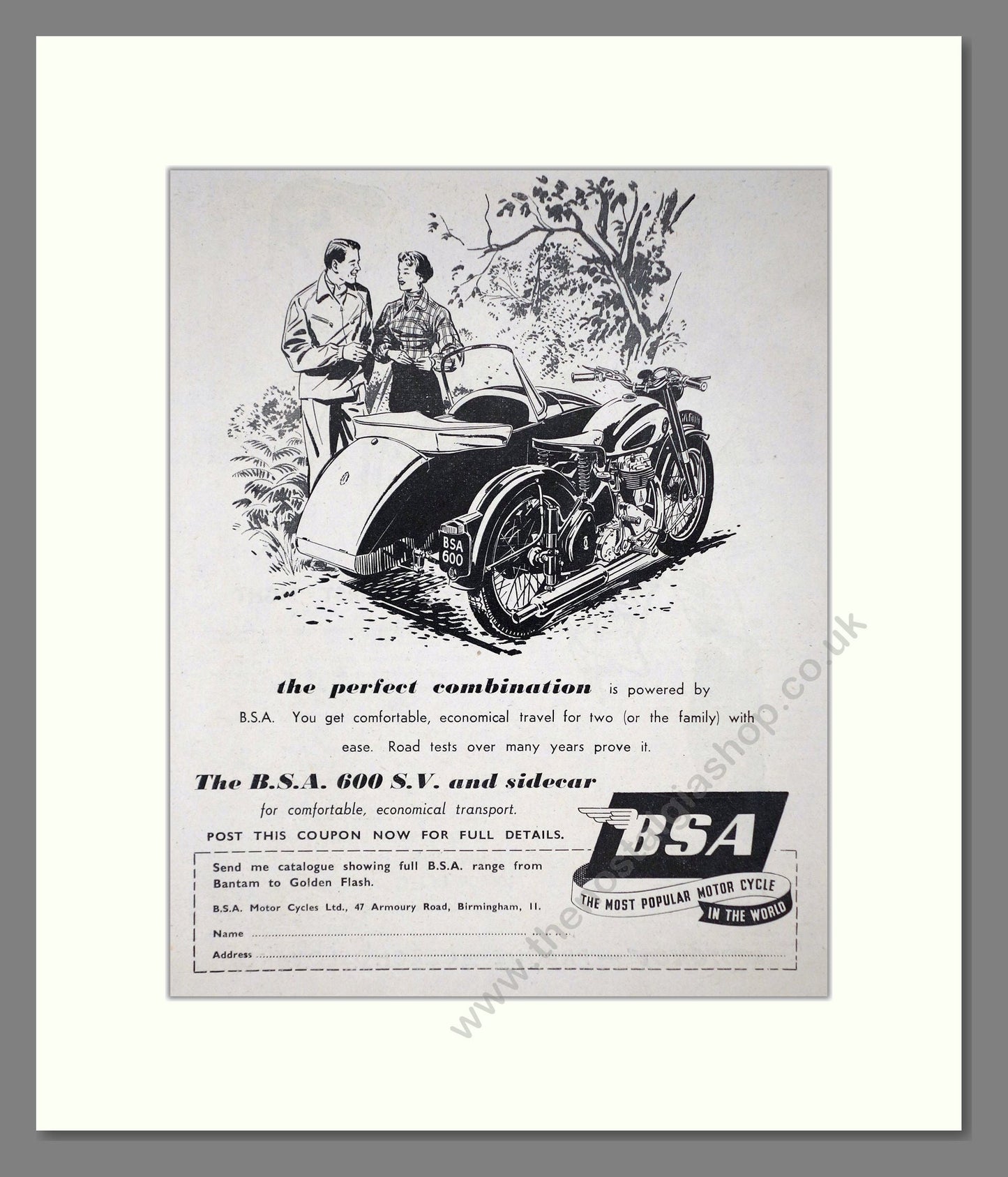 BSA - 600 SV And Sidecar. Vintage Advert 1955 (ref AD67261)