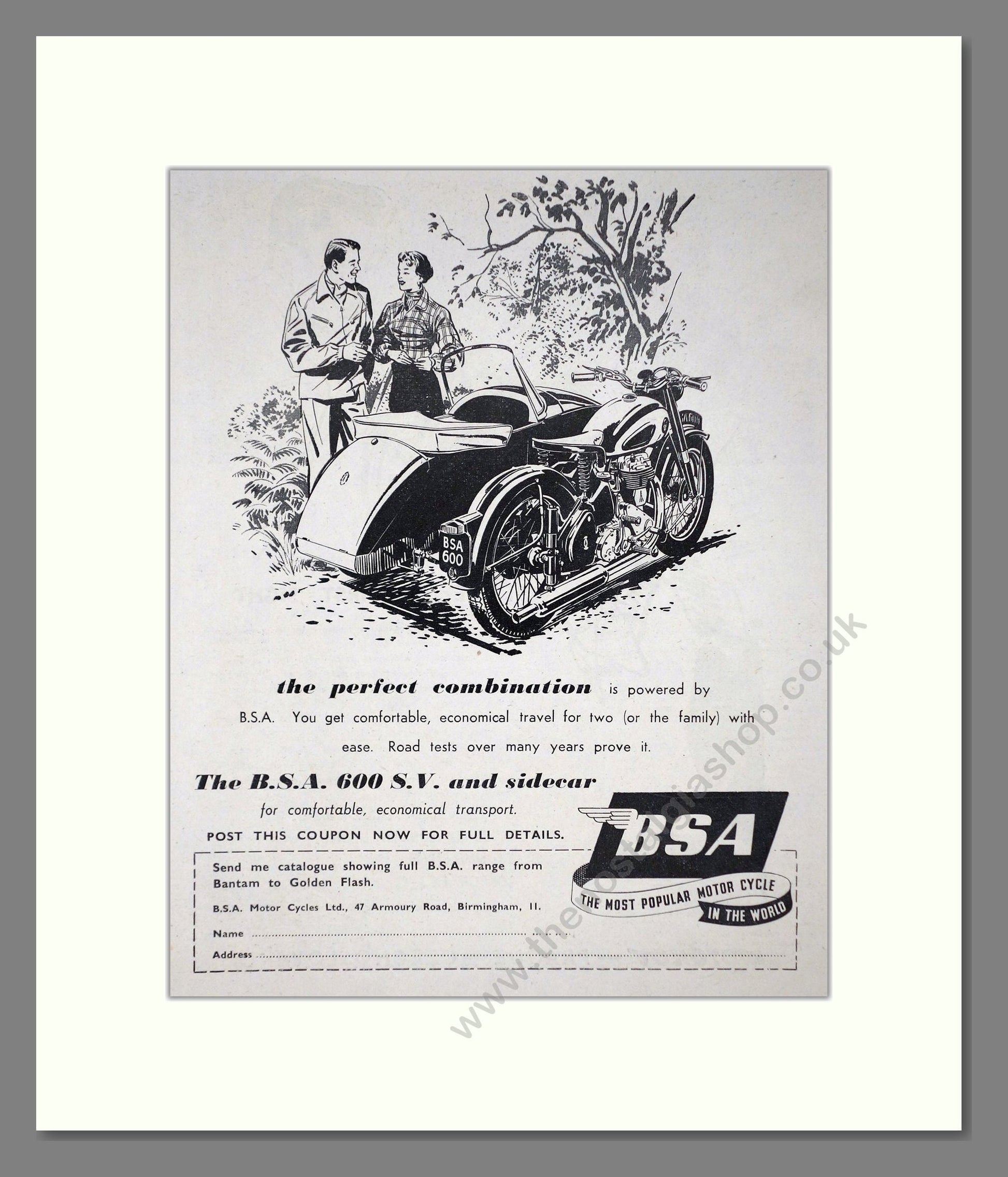 BSA - 600 SV And Sidecar. Vintage Advert 1955 (ref AD67261)