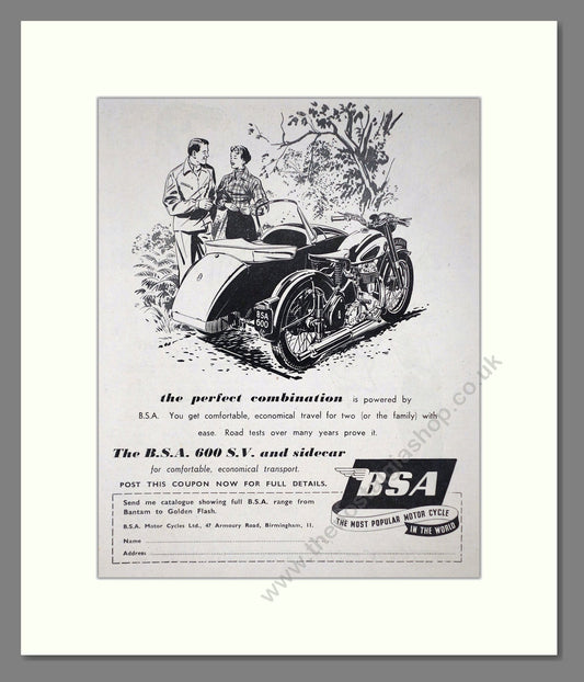 BSA - 600 SV And Sidecar. Vintage Advert 1955 (ref AD67261)