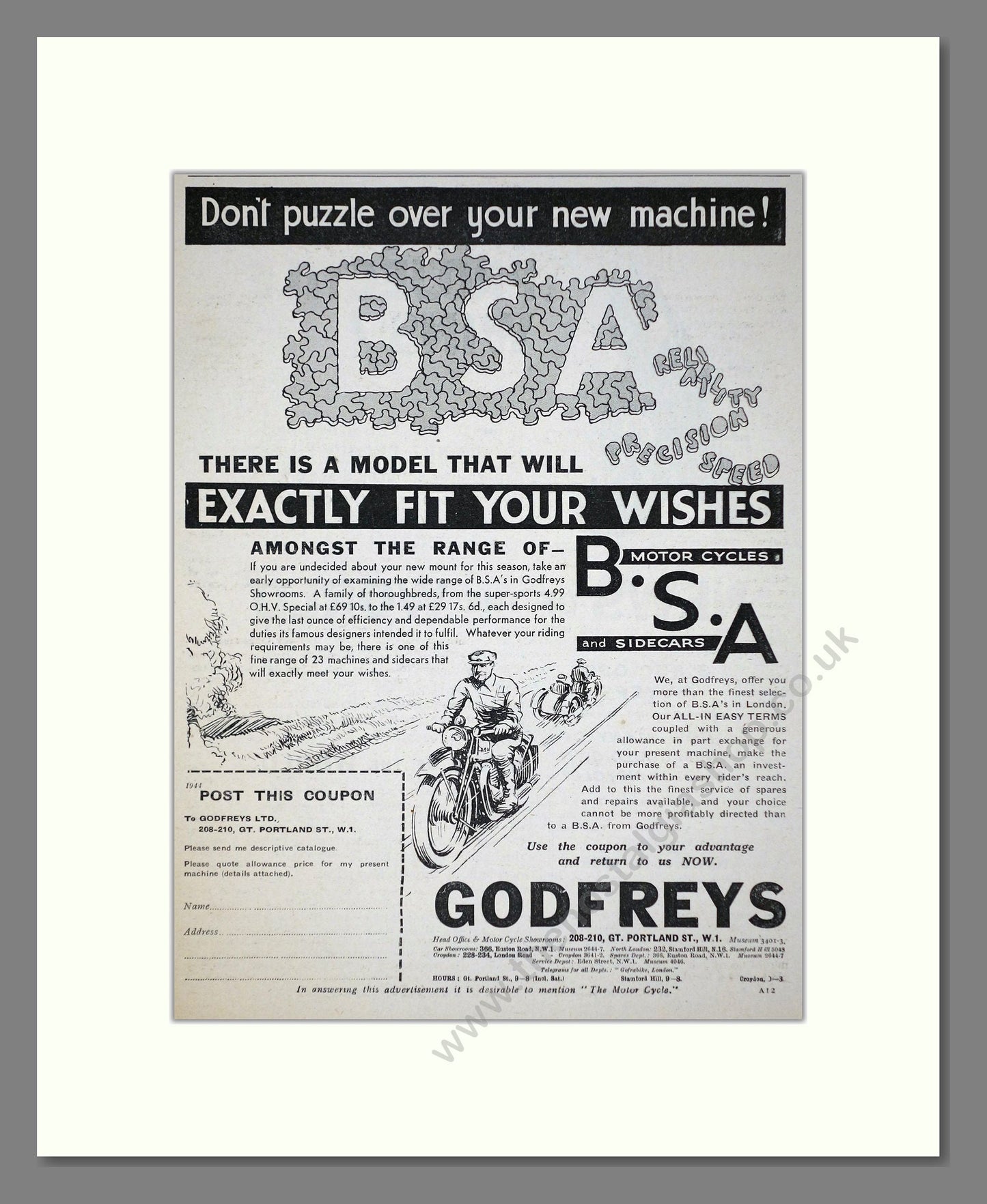 BSA - Range At Godfreys. Vintage Advert 1934 (ref AD67263)