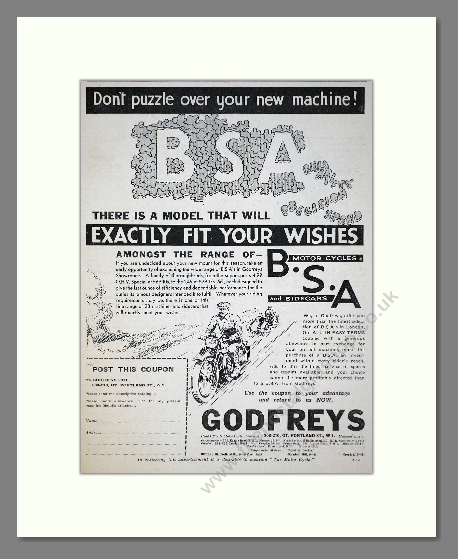 BSA - Range At Godfreys. Vintage Advert 1934 (ref AD67263)