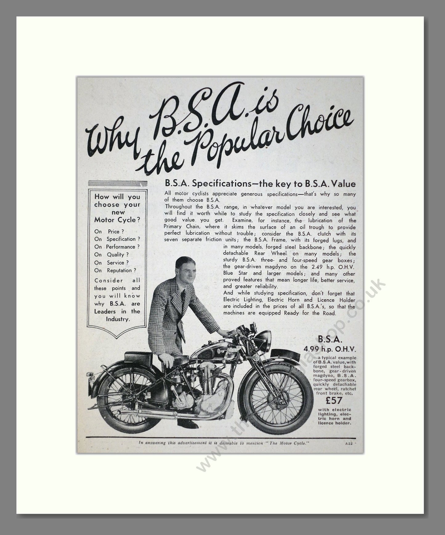 BSA - 4.99 HP OMV. Vintage Advert 1934 (ref AD67264)