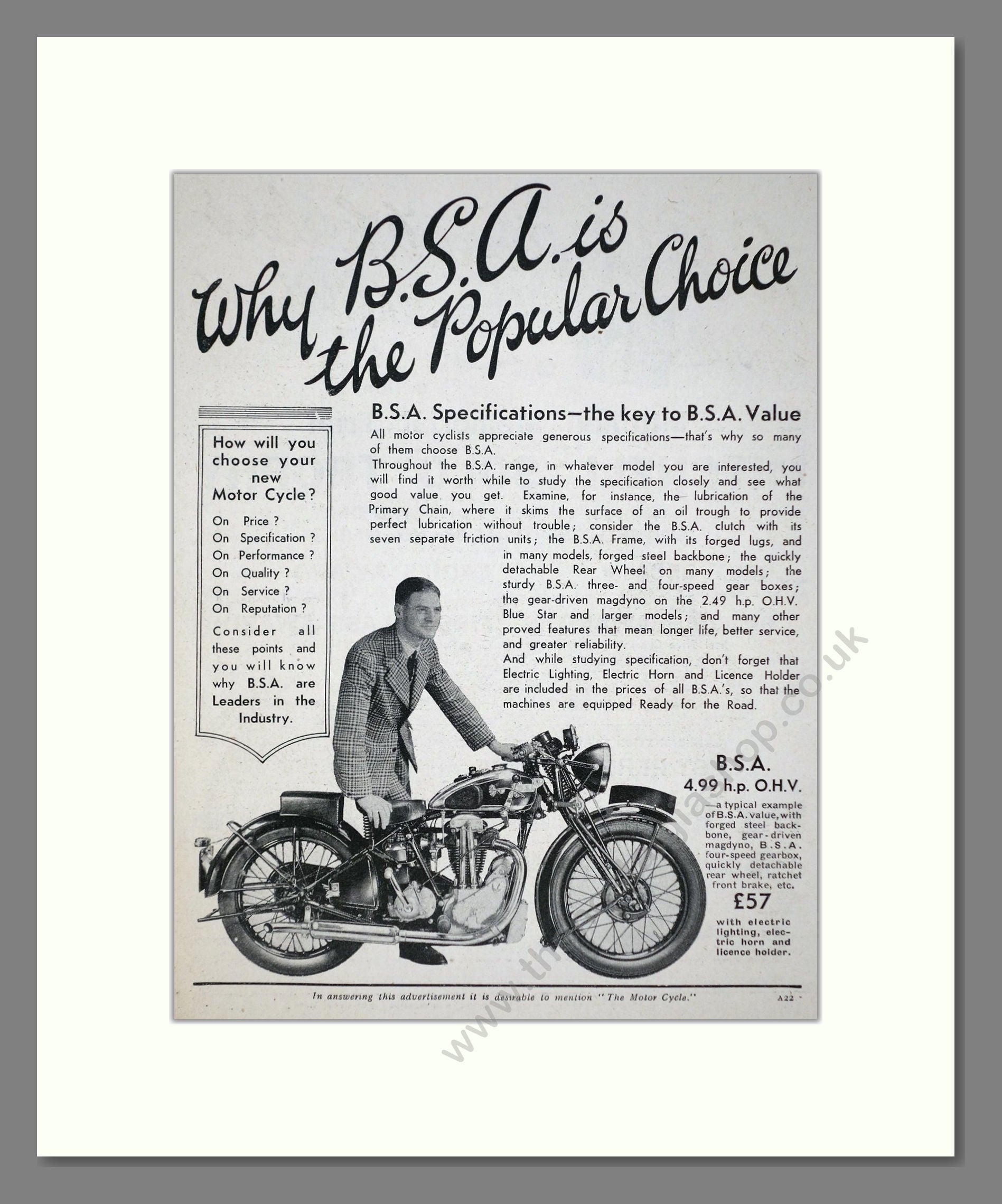 BSA - 4.99 HP OMV. Vintage Advert 1934 (ref AD67264)