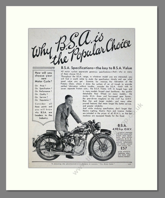BSA - 4.99 HP OMV. Vintage Advert 1934 (ref AD67264)